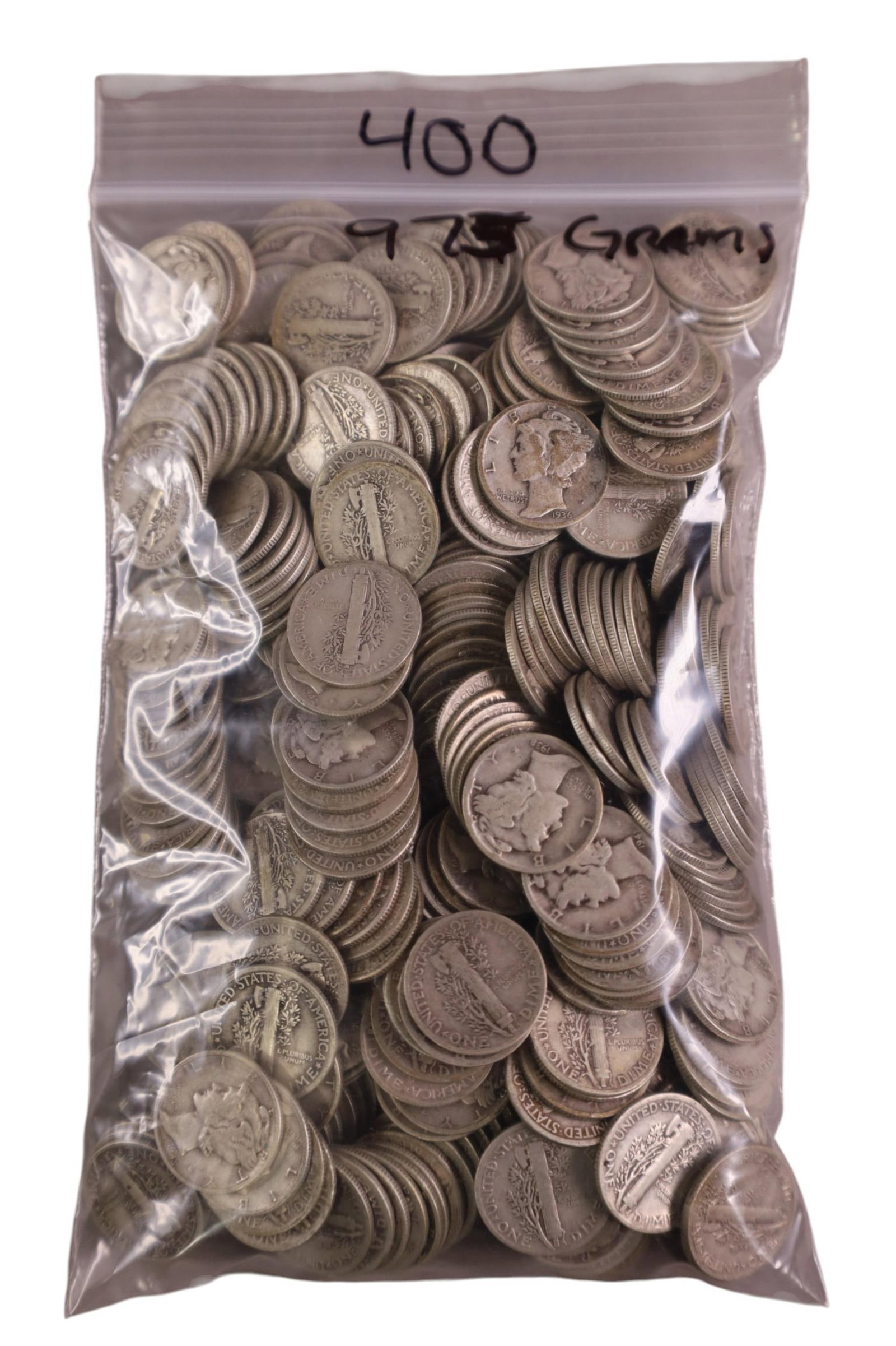 APPROX 400 MERCURY DIMES: COLLECTION OF 400 MERCURY DIMES, APPROX 975 GRAMS.