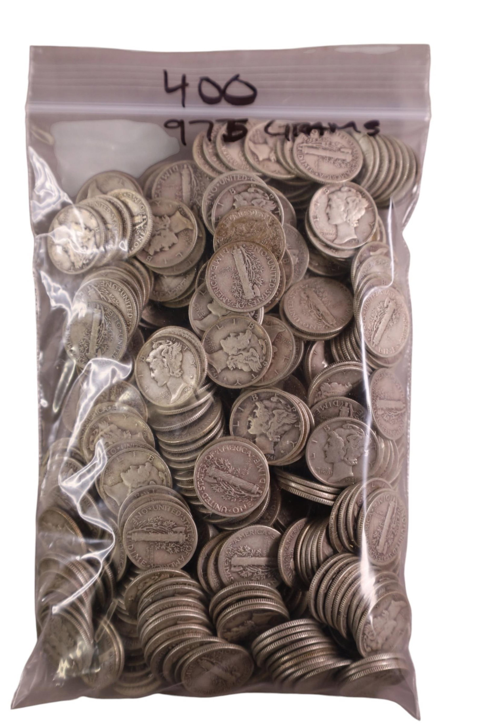 APPROX 400 MERCURY DIMES: COLLECTION OF 400 MERCURY DIMES, APPROX 975 GRAMS.