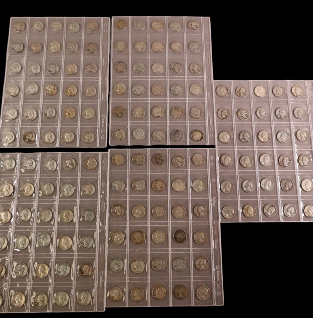 COLLECTION OF US SILVER QUARTERS: APPROX 180 QUARTERS, WASHINGTON QUARTERS.