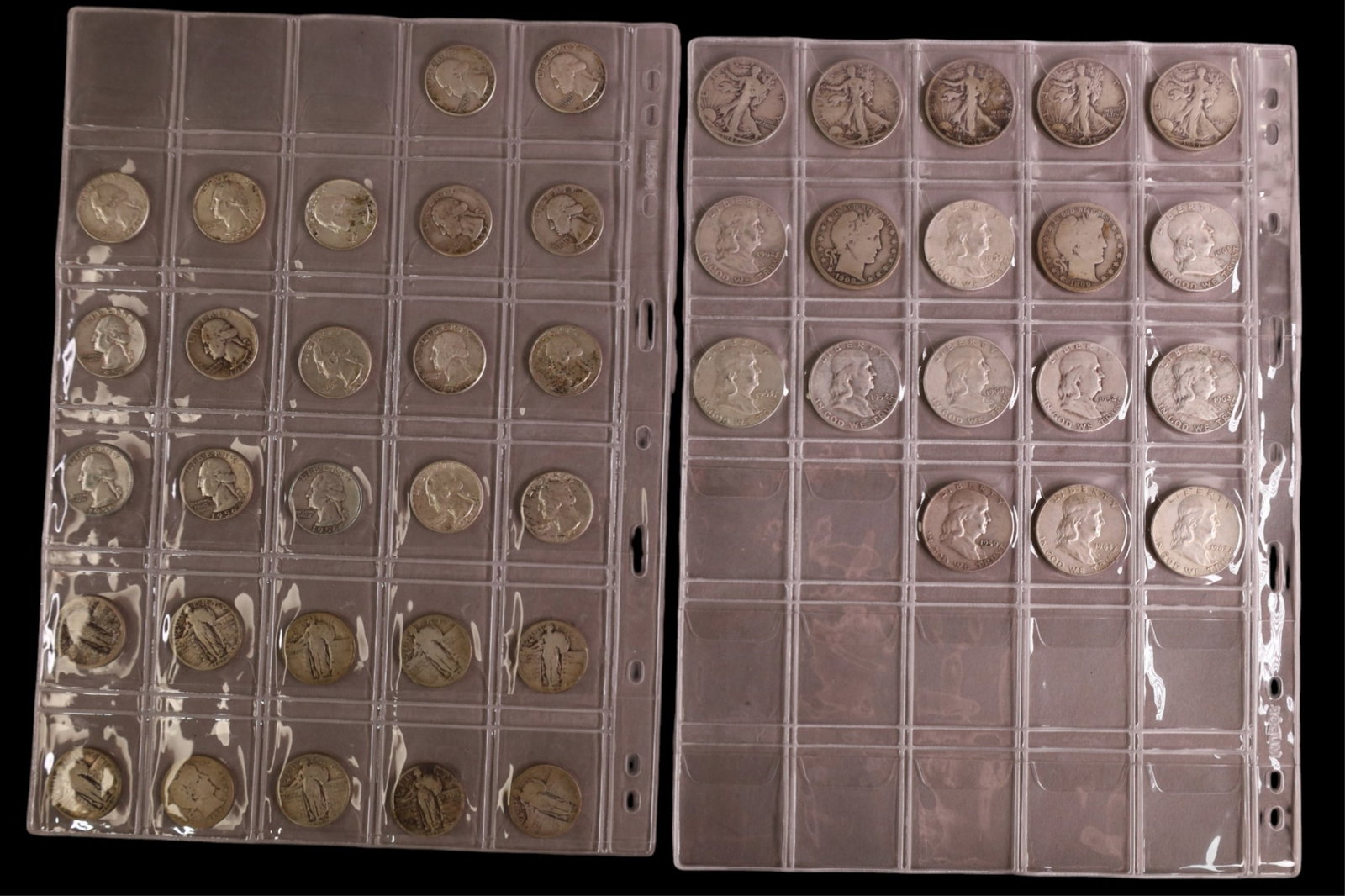 GROUPING OF US SILVER COINS: COLLECTION OF 18 SILVER HALF DOLLARS (FRANKLIN & STANDING LIBERTY). & 27 SILVER QUARTERS.