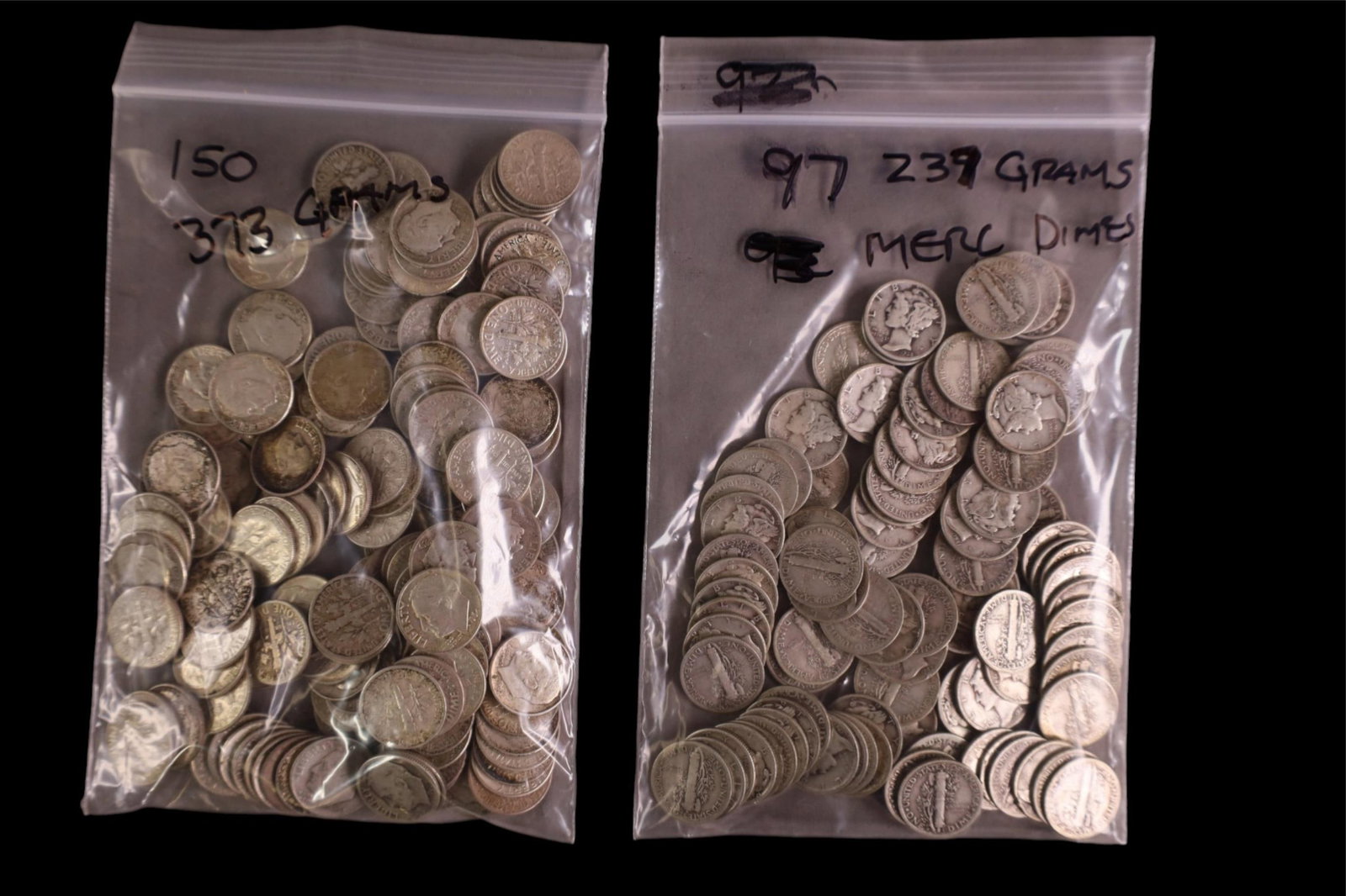 COLLECTION OF SILVER DIMES: COLLECTION OF APPROX 97 MERCURY DIMES, APPROX 237 GRAMS. & APPROX 150 SILVER DIMES, APPROX 373 GRAMS.