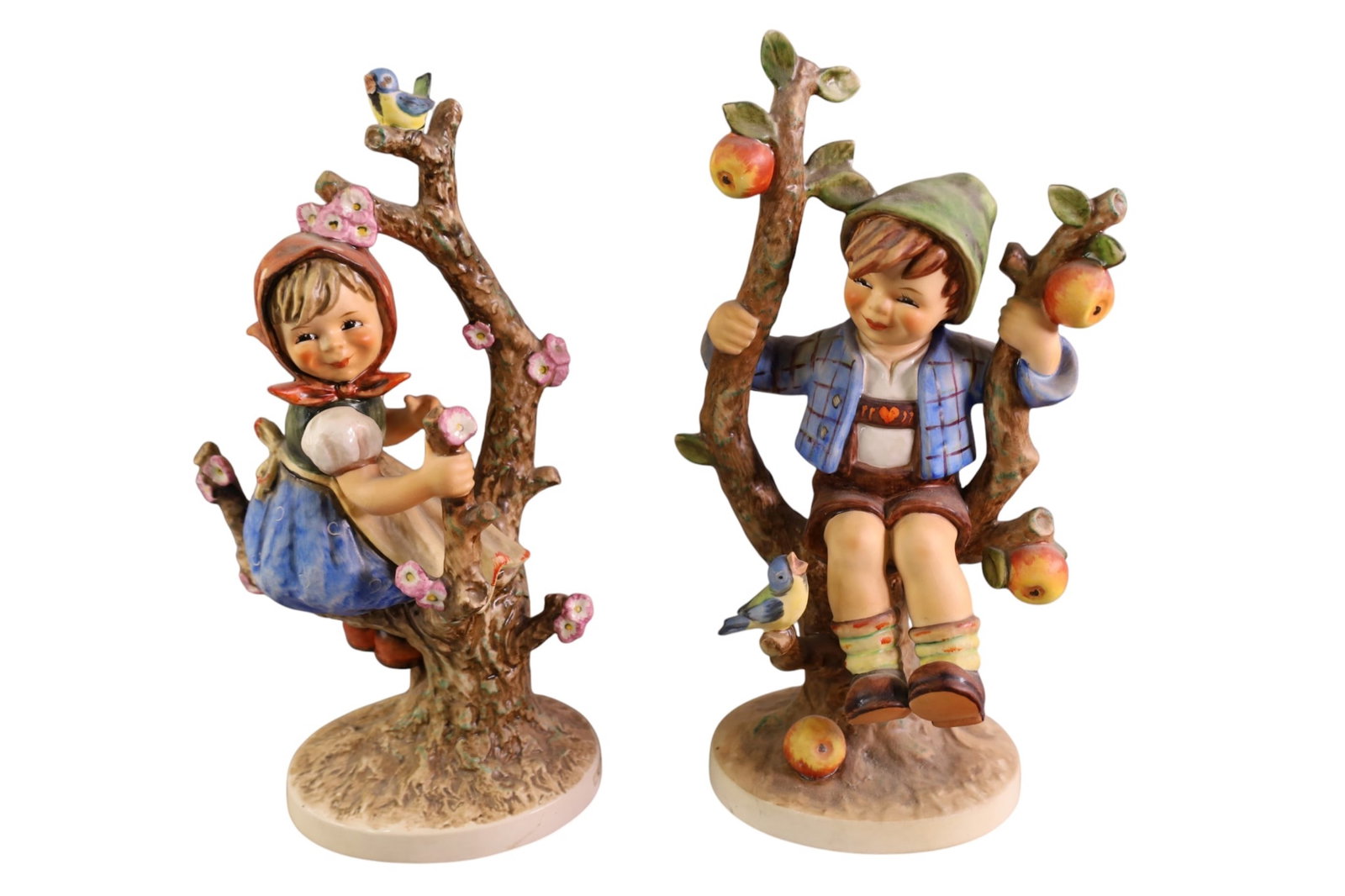 2 LARGE HUMMELS: 2 LARGE HUMMEL FIGURES, APPLE TREE BOY & GIRL. 10" H.