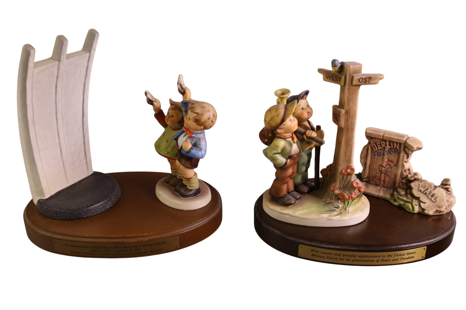 2 HUMMEL FIGURES: 1993 AIRLIFT MEMORIAL, WITH BOX, & ARM FORCES. 3" - 7 1/2"