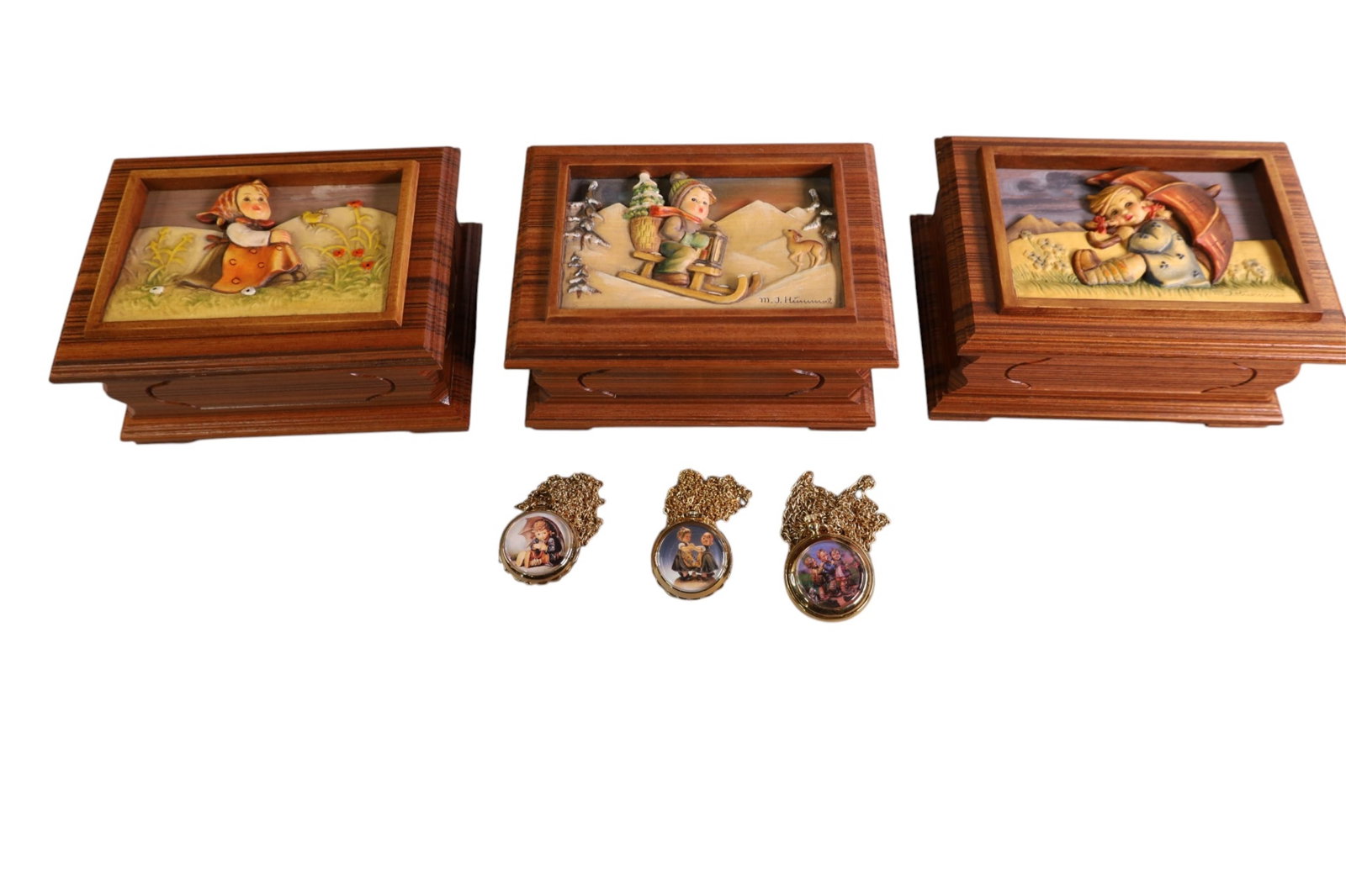 3 HUMMEL MUSIC BOXES & 3 WATCHES: WITH POCKET WATCHES.