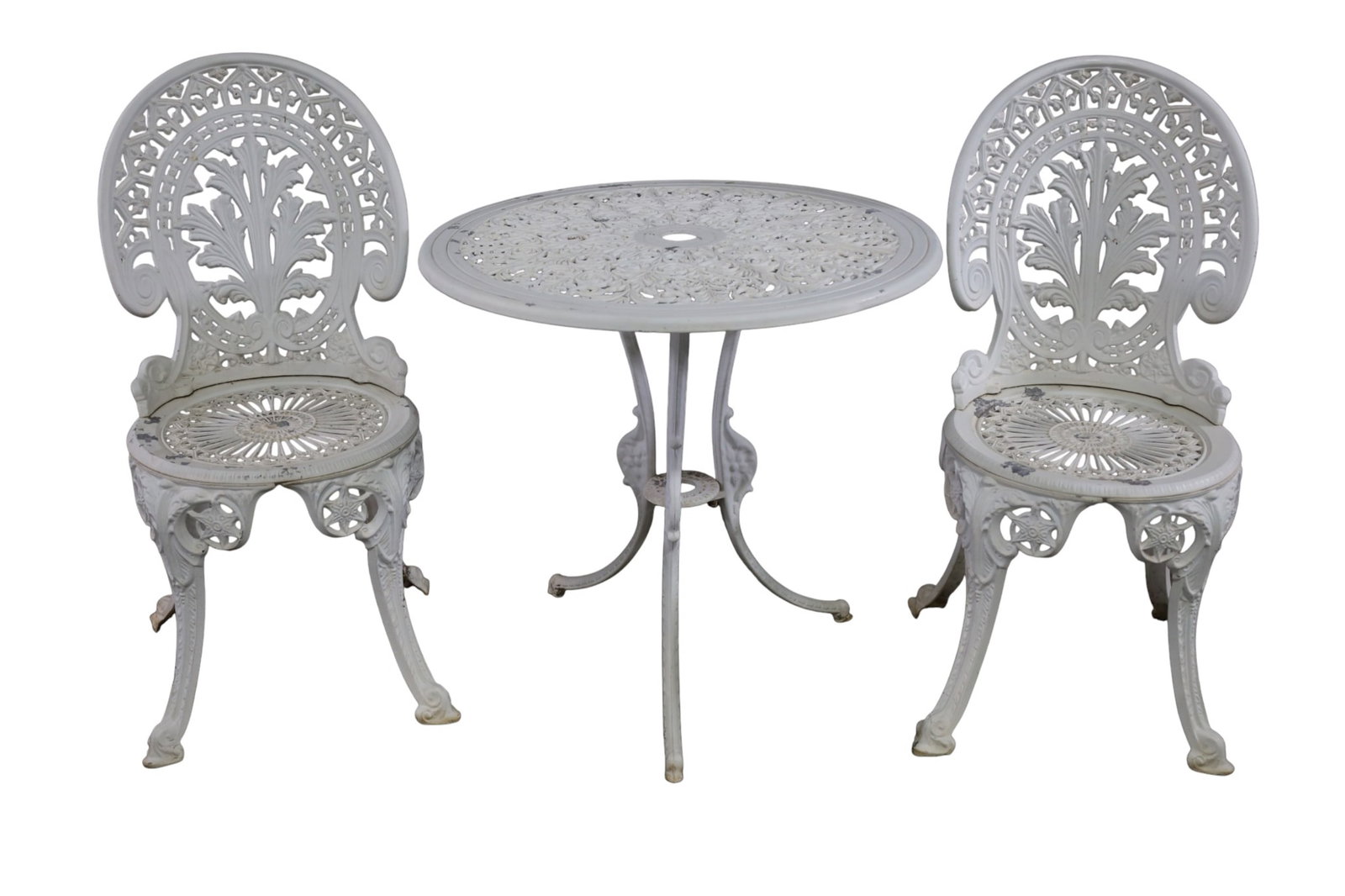 ALUMINUM BISTRO SET: PAINTED FINISH ALUMINUM BISTRO SET, TABLE AND SMALL SIDE TABLE, SOME PAINT LOSS. 15" W x 33" H CHAIRS & 27" DIAM x 25" H. THIS ITEM EXCEEDS SIZE LIMITATIONS FOR IN HOUSE SHIPPING, MUST BE PICKED UP