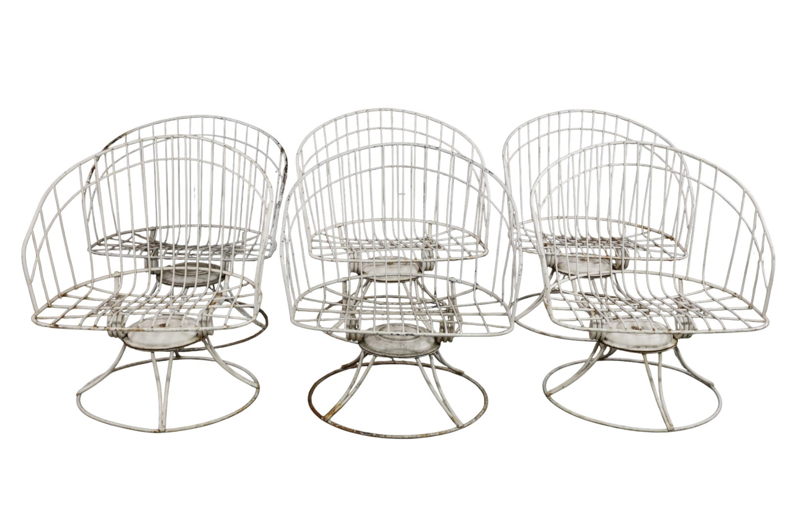 SET OF 6 HOMECREST PATIO CHAIRS: SET OF 6 VINTAGE HOMECREST PATIO CHAIRS, PAINT LOSS, RUST. 26" W x 24" D x 29" H. THIS ITEM EXCEEDS SIZE LIMITATIONS FOR IN HOUSE SHIPPING, MUST BE PICKED UP IN HOUSE OR SHIPPED VIA 3rd PARTY GROUND
