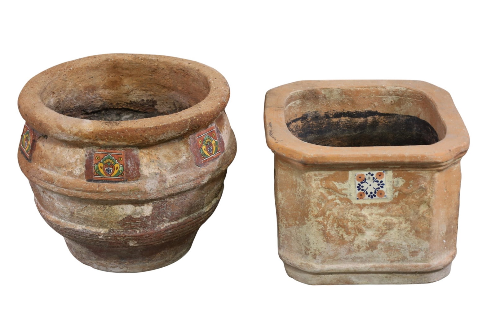 2 PLANTERS: 2 REDWARE PLANTERS, WITH INSET TILES. SOME CHIPS. 13" - 15" W. THIS ITEM EXCEEDS SIZE LIMITATIONS FOR IN HOUSE SHIPPING, MUST BE PICKED UP IN HOUSE OR SHIPPED VIA 3rd PARTY GROUND SHIPPER.
