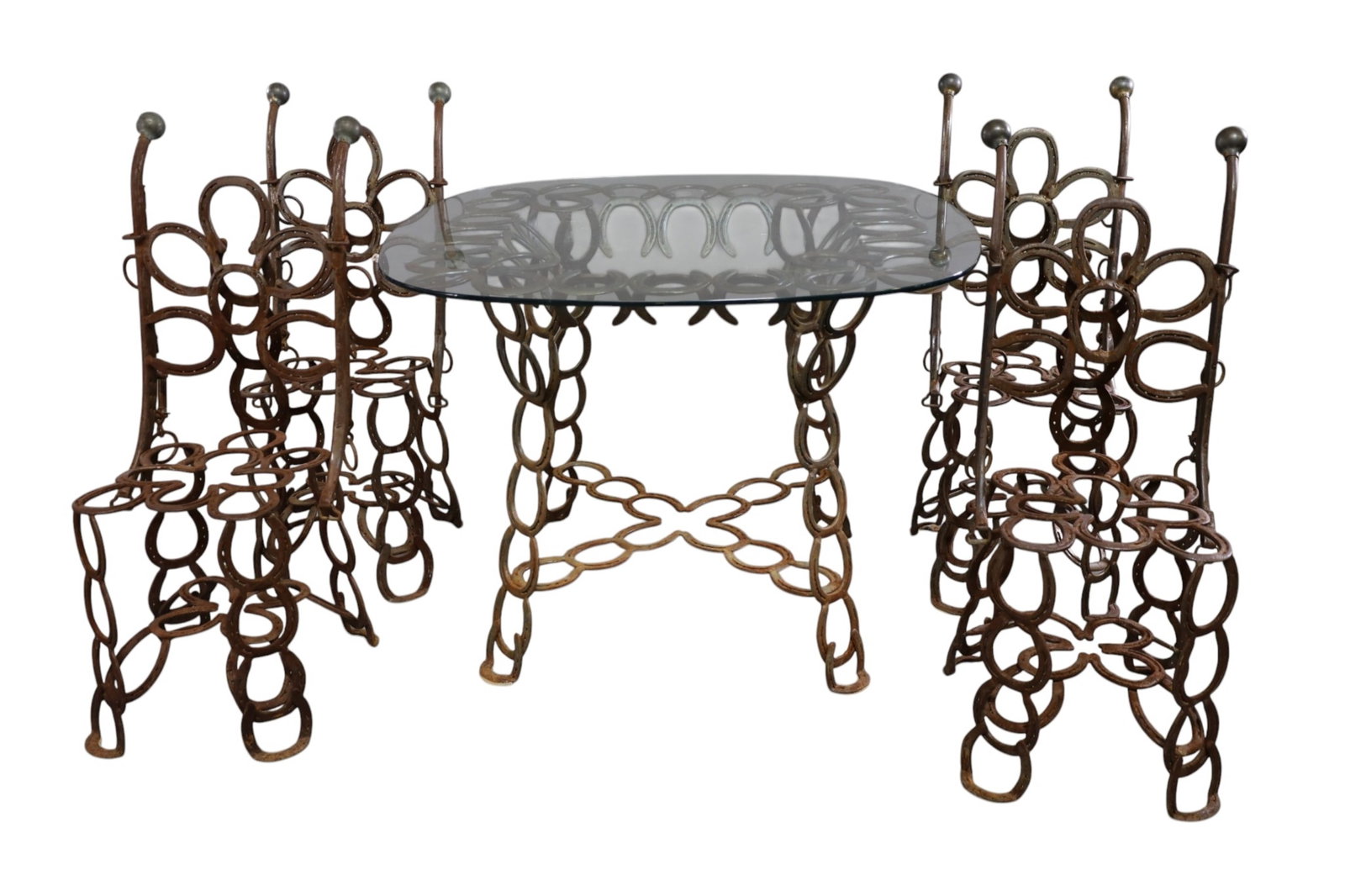 UNUSUAL HORSESHOE TABLE W/ 4 CHAIRS: GLASS TOP HORSESHOE BASE TABLE WITH 4 CUSTOM HORSESHOE SIDE CHAIRS. 16" W x 17" D x 39" H. CHAIRS & 42" W x 42" D x 30 1/2" H. THIS ITEM EXCEEDS SIZE LIMITATIONS FOR IN HOUSE SHIPPING, MUST BE PICKED