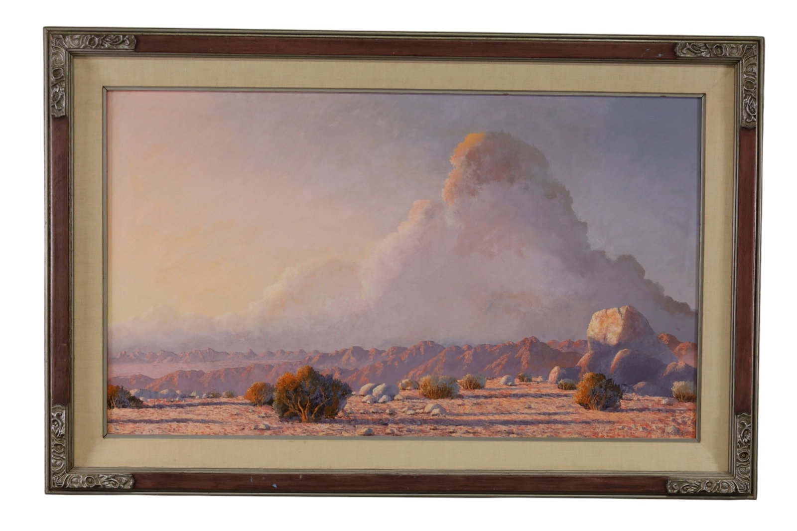 LARGE JOHN HILTON DESERT SCENE OIL PAINTING: LARGE OIL ON BOARD, JOHN W. HILTON, TITLED DAYDREAM, 48" x 28" IMAGE SIZE / 57 1/2" x 37 1/2" IN FRAME. THIS ITEM EXCEEDS SIZE LIMITATIONS FOR IN HOUSE SHIPPING, MUST BE PICKED UP IN HOUSE OR SHIPPED
