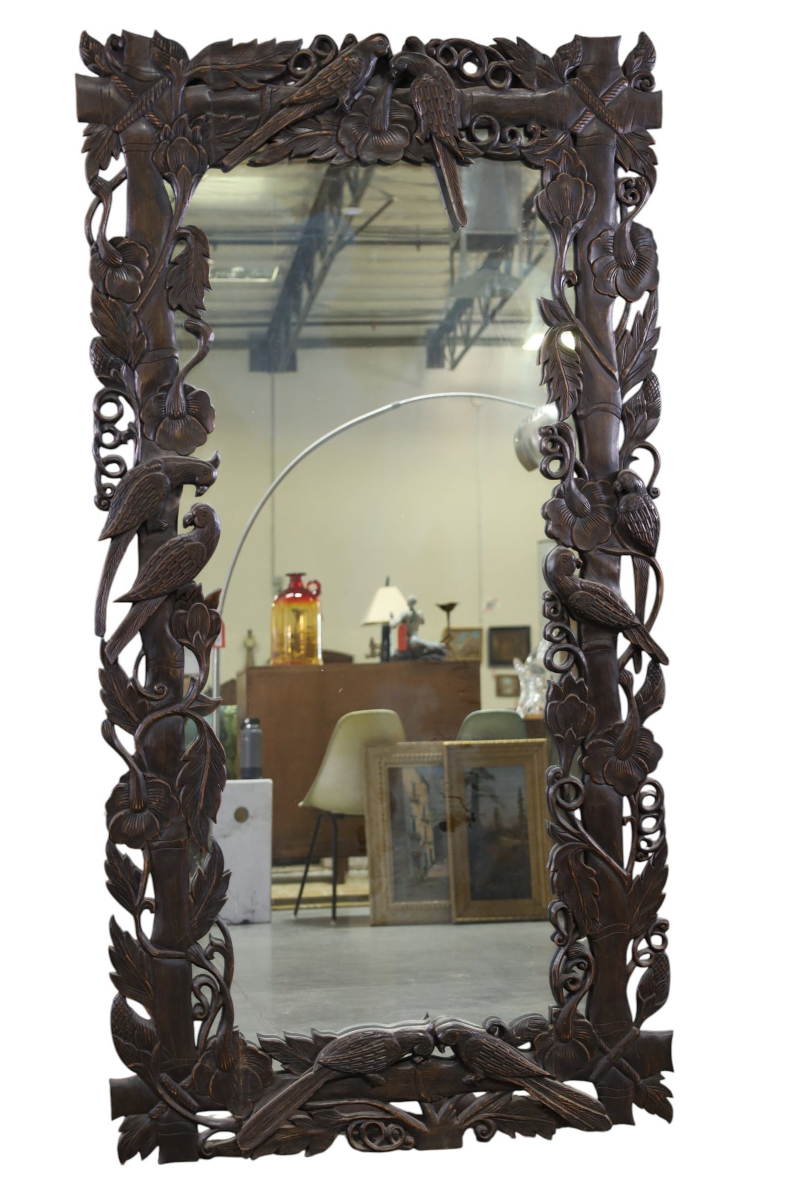 CHINESE WALL MIRROR: LARGE CARVED CHINESE HARDWOOD WALL MIRROR, 35" x 67" THIS ITEM EXCEEDS SIZE LIMITATIONS FOR IN HOUSE SHIPPING, MUST BE PICKED UP IN HOUSE OR SHIPPED VIA 3rd PARTY GROUND SHIPPER.