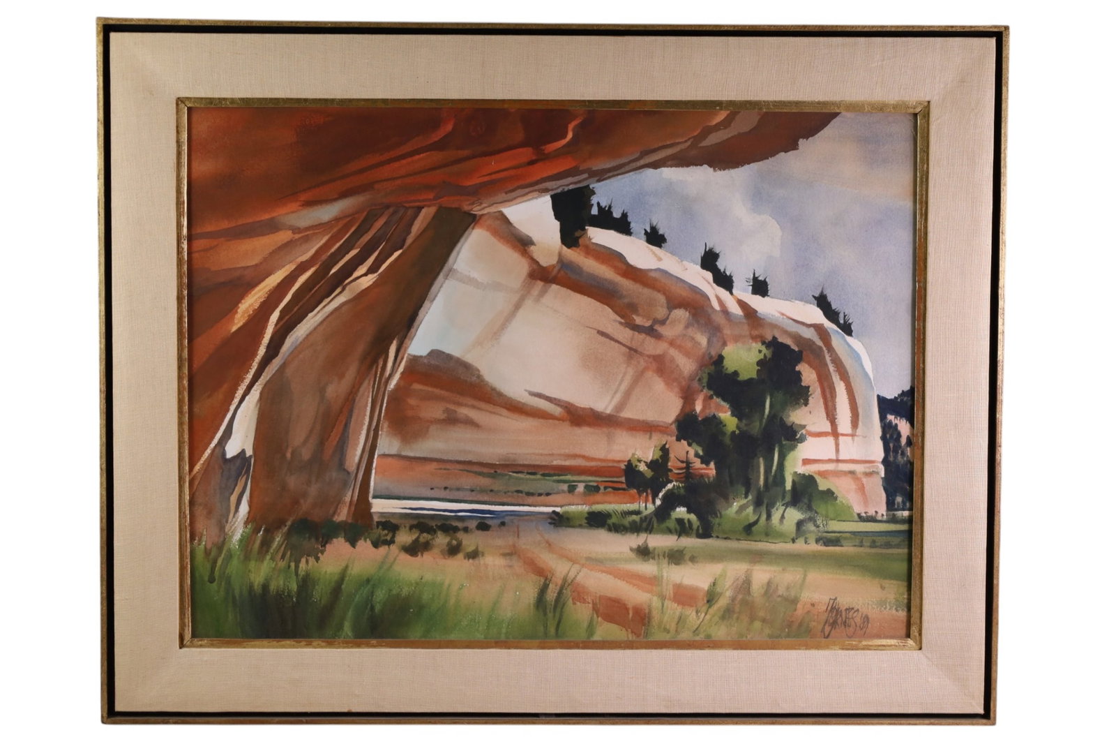 MILFORD ZORNES WATERCOLOR: LARGE WATERCOLOR, FRAMED UNDER GLASS, TITLED KANAB CANYON WALLS. 30" x 22" IMAGE SIZE / 36 1/2" X 28 1/2" IN FRAME.