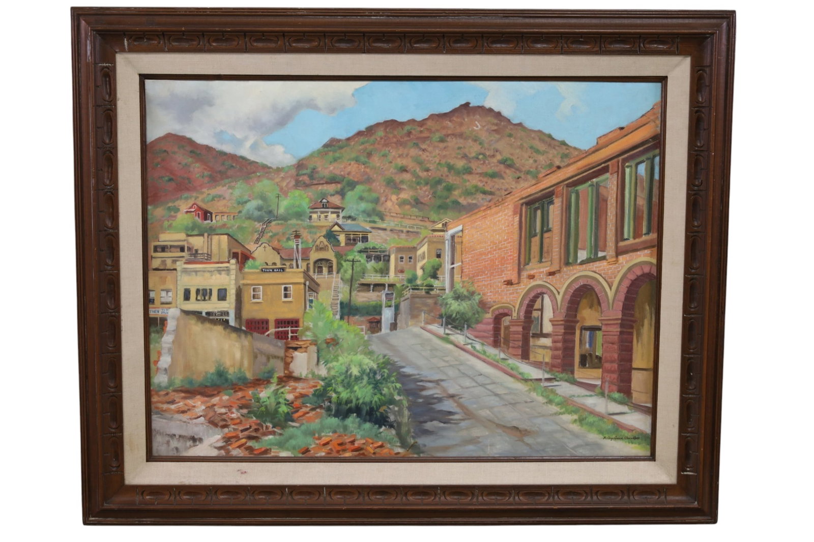 LARGE FLOYD COPELAND CHANDLER OIL PAINTING: OIL ON BOARD, SIGNED LOWER RIGHT, TITLED JEROME. OLD MINING TOWN AZ. 40" x 30" IMAGE SIZE / 50" x 40" IN FRAME. THIS ITEM EXCEEDS SIZE LIMITATIONS FOR IN HOUSE SHIPPING, MUST BE PICKED UP IN HOUSE OR
