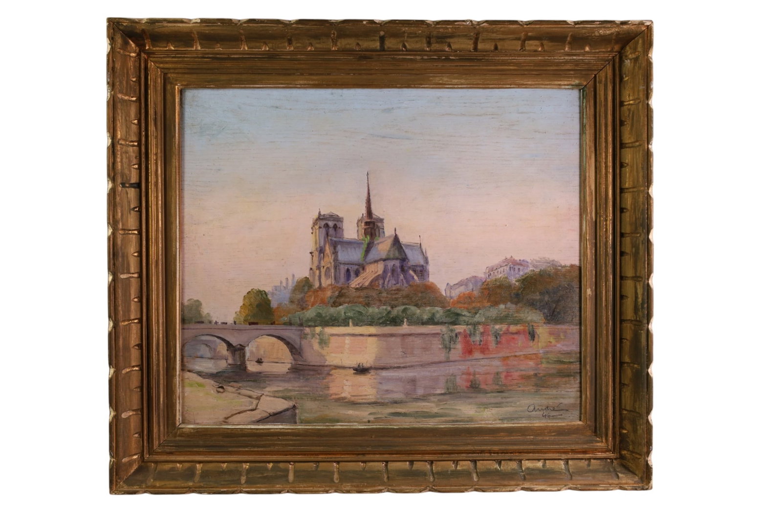 EUROPEAN LANDSCAPE PAINTING: ALBERT ANDRE? EUROPEAN CASTLE LADNSCAPE. 22" x 18 1/2" IMAGE SIZE / 27 1/2" x 24" IN FRAME.
