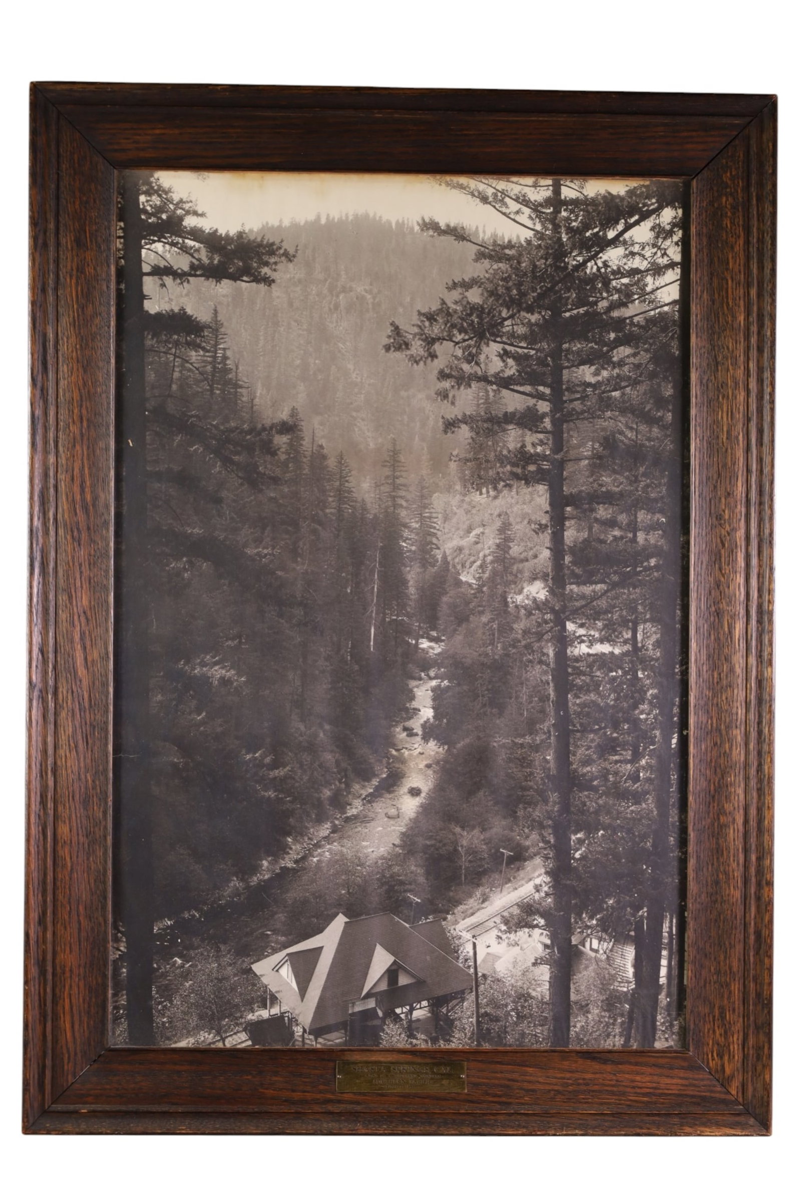 SHASTA SPRINGS RAILROAD PHOTOGRAPH: LARGE FRAMED BLACK AND WHITE PHOTOGRAPH, SOUTHERN PACIFIC RAILROAD, ROAD OF A THOUSAND WONDERS. WATER STAINS TO UPPER. 25 1/2" x 35 1/2" IN FRAME. THIS ITEM EXCEEDS SIZE LIMITATIONS FOR IN HOUSE