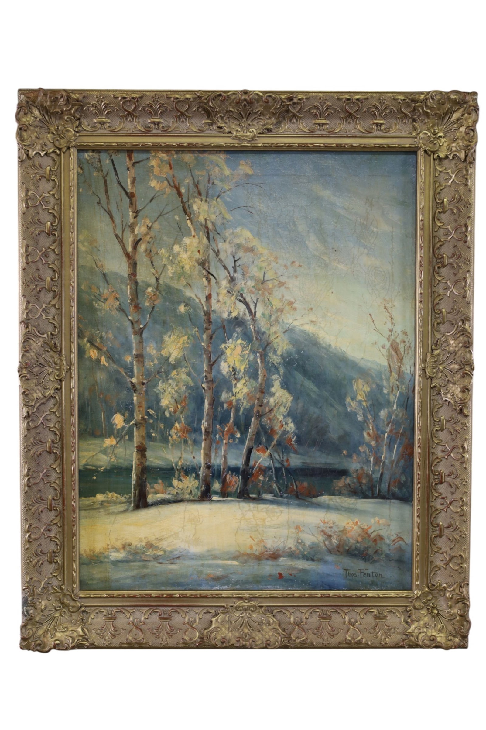 THOMAS FENTON OIL PAINTING: OIL ON CANVAS, SIGNED LOWER RIGHT, LANDSCAPE PAINTING. SOME CRAZING. 20" x 26" IMAGE SIZE / 26" x 32" IN FRAME.