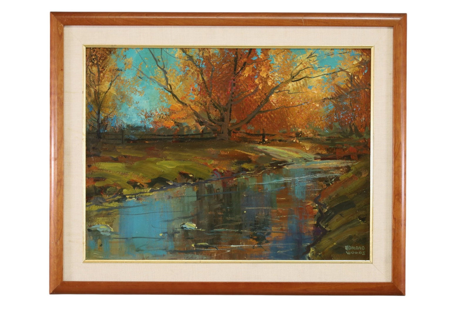 EDMOND WOODS OIL PAINTING: OIL ON BOARD, SIGNED LOWER RIGHT, LAKE SCENE OIL PAINTING. 24" x 18" IMAGE SIZE / 30" x 23" IN FRAME