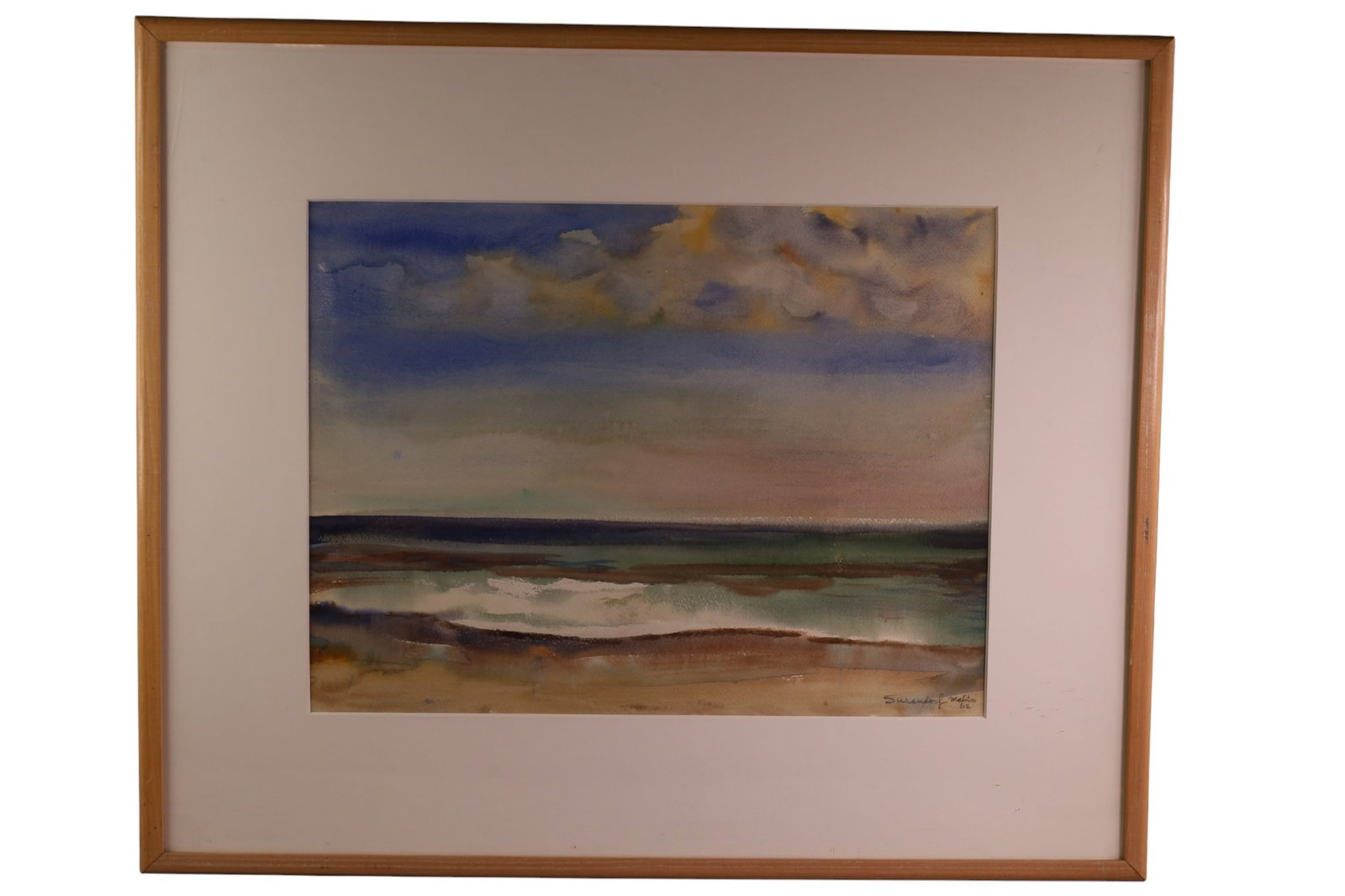 CHARLES SURENDORF SEASCAPE: WATERCOLOR, FRAMED UNDER GLASS, TITLED MALIBU, DATED 1952. 35" x 29" IN FRAME