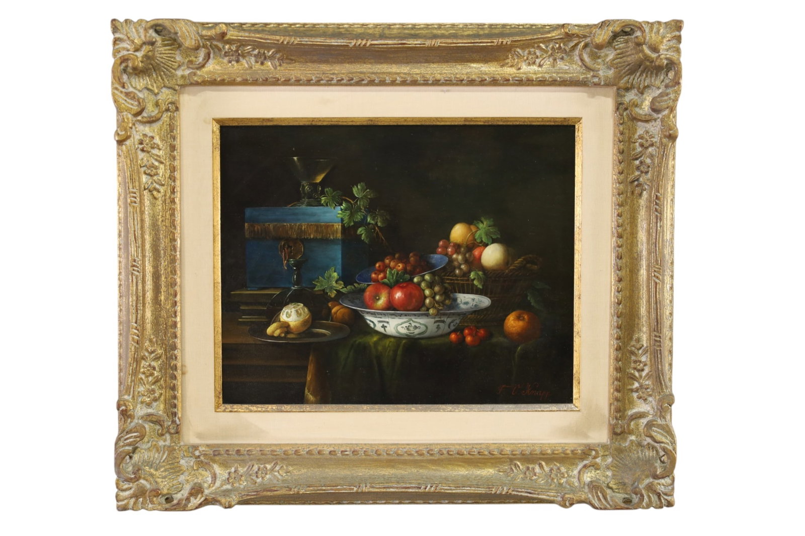 F. OSKAR NAPP OIL PAINTING: OIL ON BOARD, STILL LIFE, SIGNED LOWER RIGHT, STILL LIFE OIL PAINTING. 20" x 16" IMAGE SIZE / 30" x 27" IN FRAME