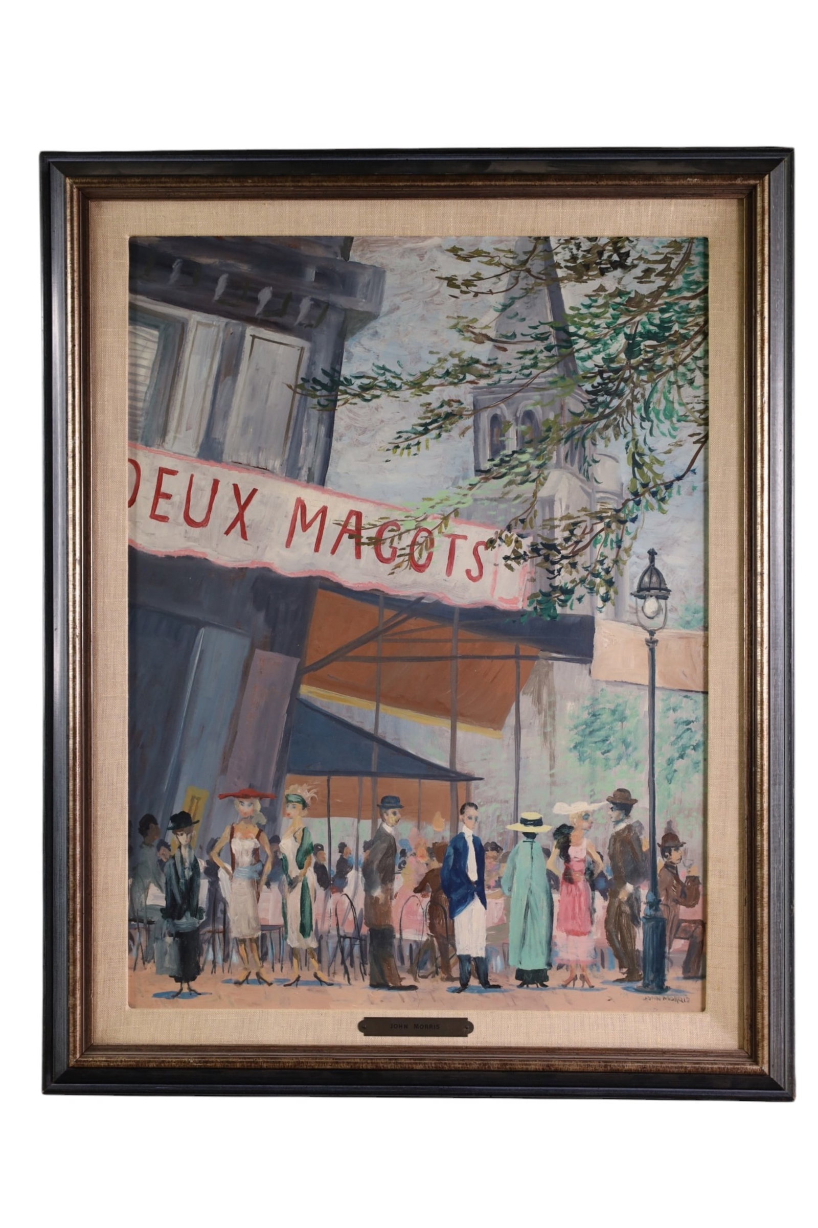 JOHN MORRIS STREET SCENE PAINTING: OIL ON BOARD, SIGNED LOWER RIGHT, STREET SCENE OIL PAINTING. 23 1/2" x 29 1/2" IN FRAME