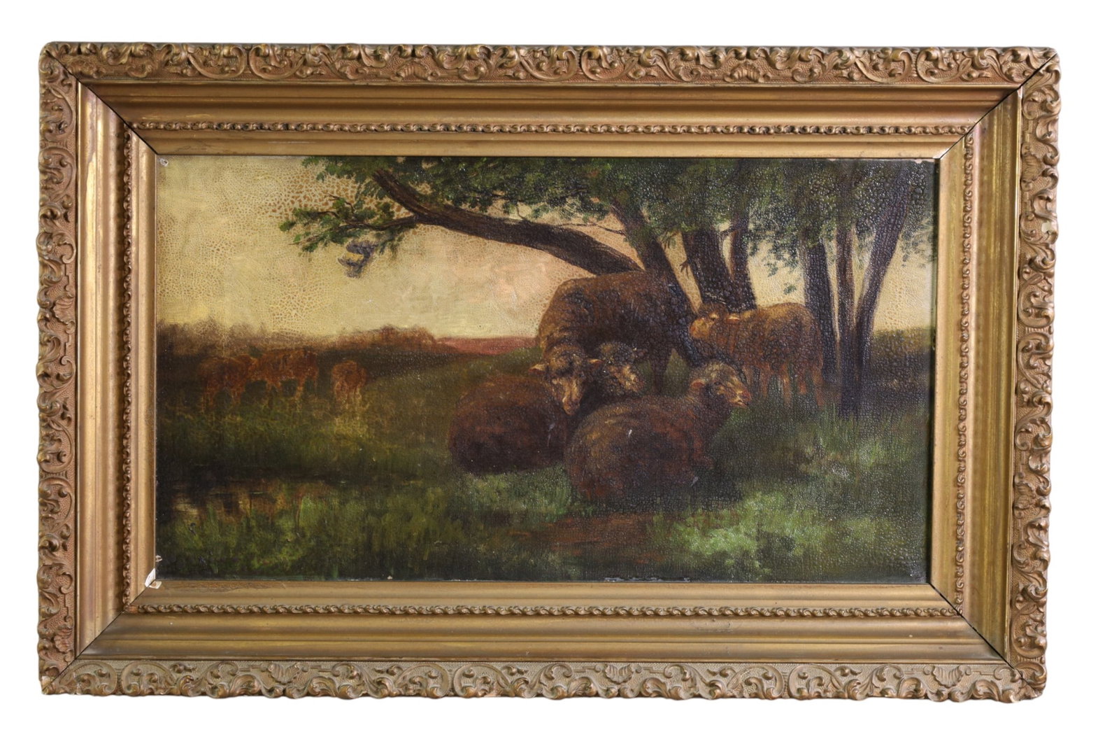 VICTORIAN PASTORAL SCENE: OIL ON CANVAS, VICTORIAN PASTORAL SCENE, REPAIR TO TOP CENTER. CHIPS TO FRAME. 18" x 10" IMAGE SIZE / 22 1/2" x 14 1/2" IN FRAME