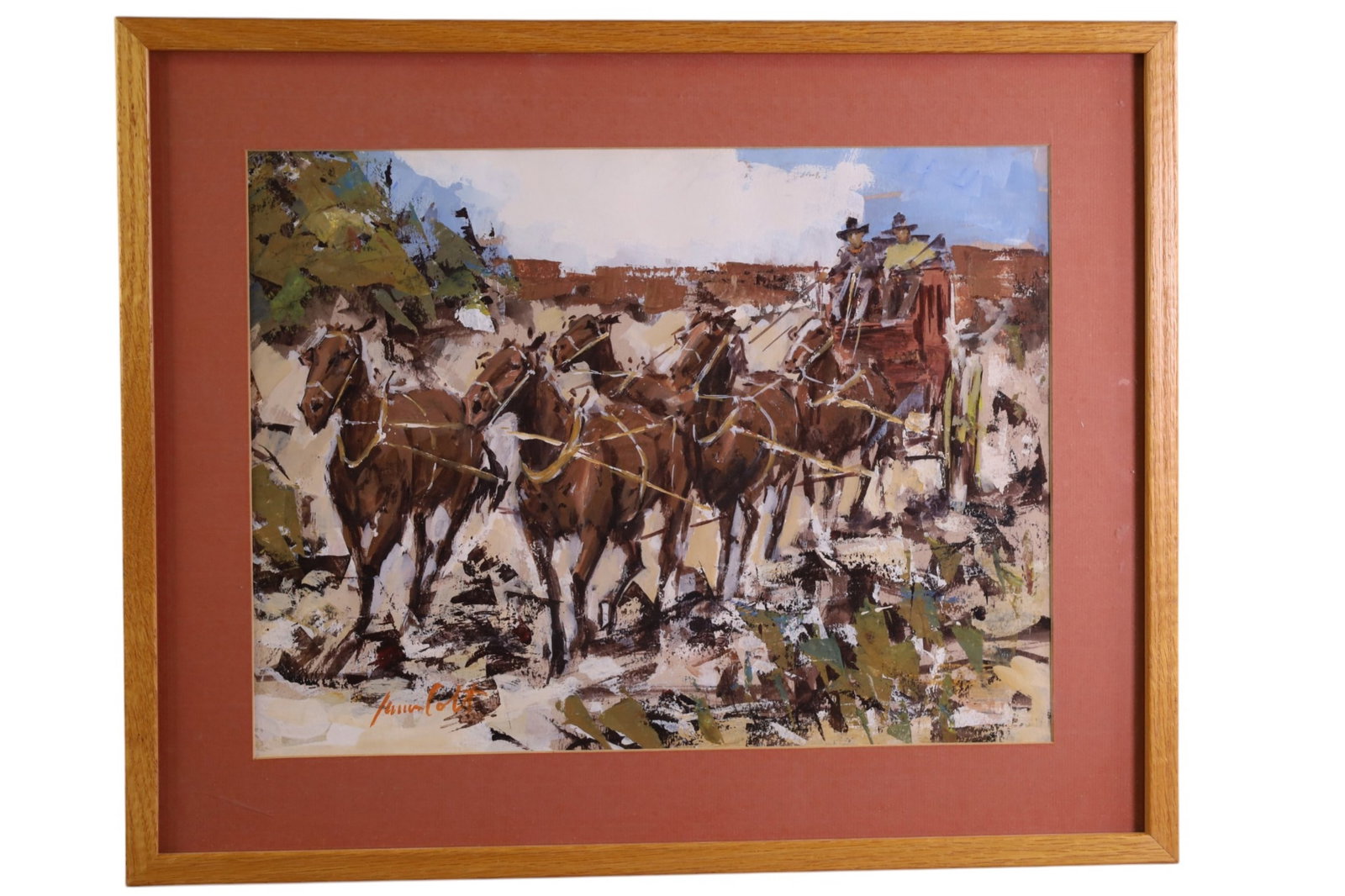 JAMES COLT WATERCOLOR: WATERCOLOR FRAMED UNDER GLASS, SIGNED LOWER LEFT, TITLED STAGE TO TOMBSTONE, 16" x 11 3/4" IMAGE SIZE / 21" x 17" IN FRAME