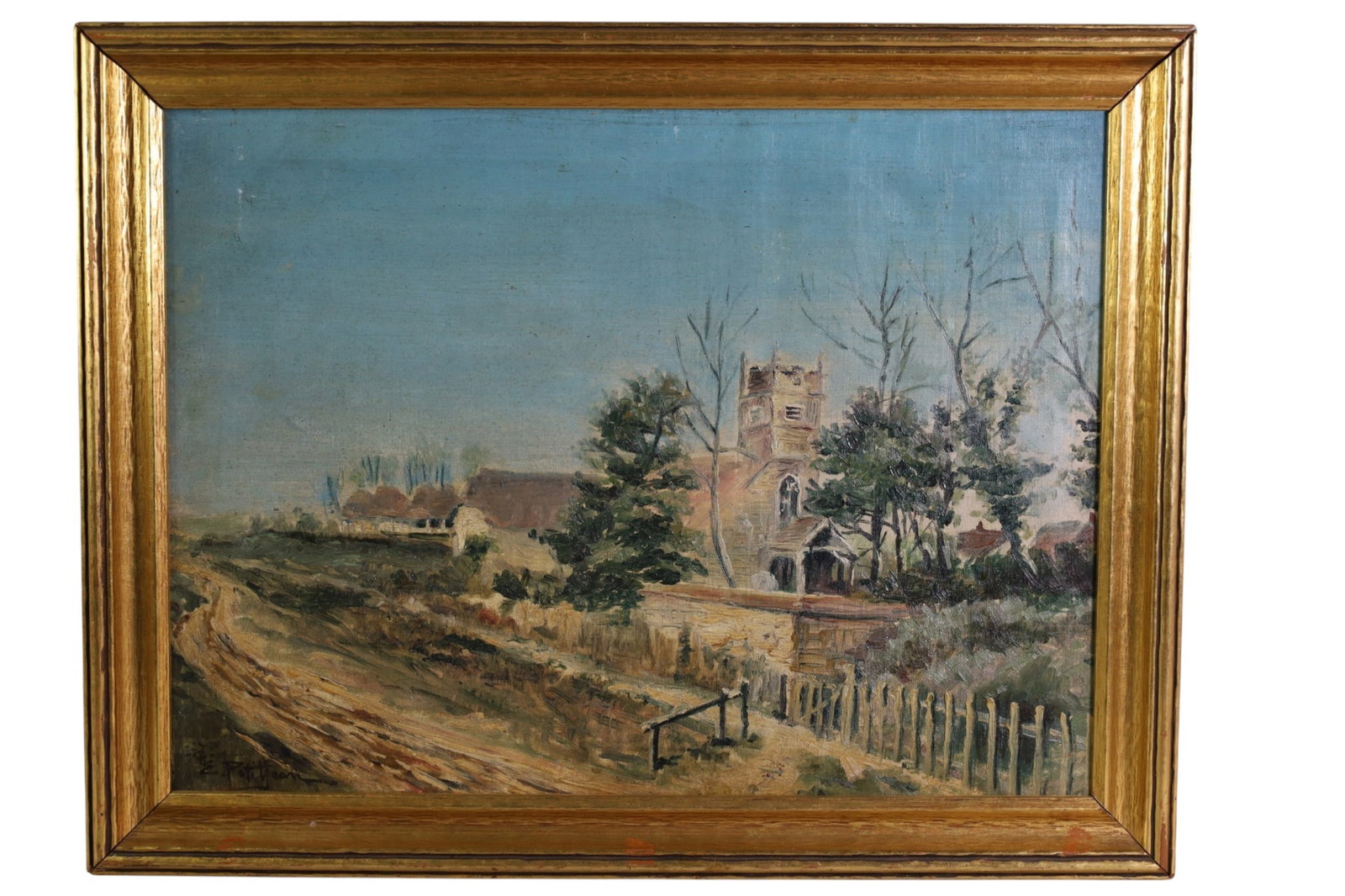 EDMOND PETITJEAN OIL PAINTING: OIL ON CANVAS, SIGNED LOWER LEFT, LANDSCAPE PAINTING. 18" x 13" IMAGE SIZE / 20" x 15 1/2" IN FRAME.