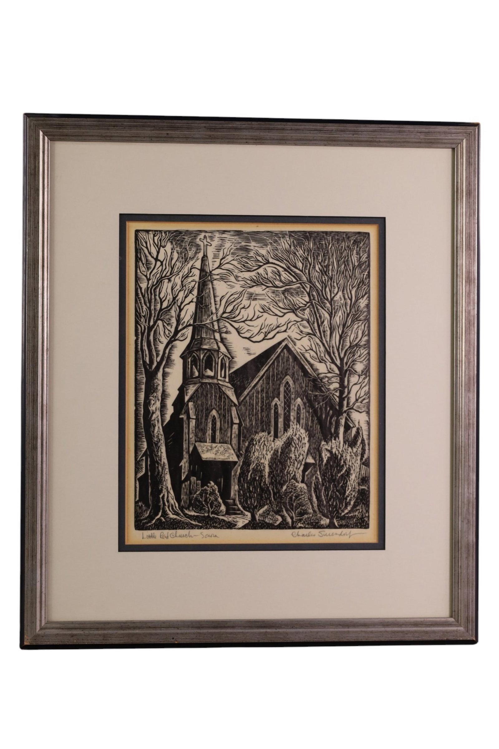 CHARLES SURENDORF ENGRAVING: SMALL FRAMED ENGRAVING TITLED LITTLE RED CHURCH, 8" x 10" IMAGE SIZE / 15" x 17" IN FRAME