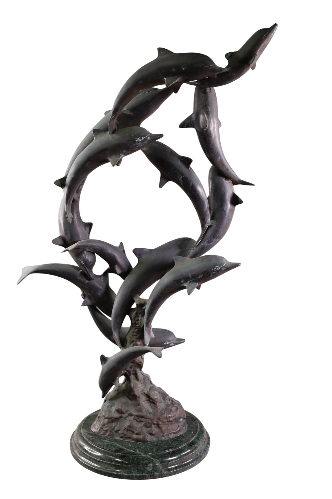 LARGE DOLPHIN BRONZE: LARGE BRONZE DOLPHIN SCULPTURE, ON MARBLE BASE, MARKED SPI 28" H. x 10" DIAM BASE. THIS ITEM EXCEEDS SIZE LIMITATIONS FOR IN HOUSE SHIPPING, MUST BE PICKED UP IN HOUSE OR SHIPPED VIA 3rd PARTY GROUND