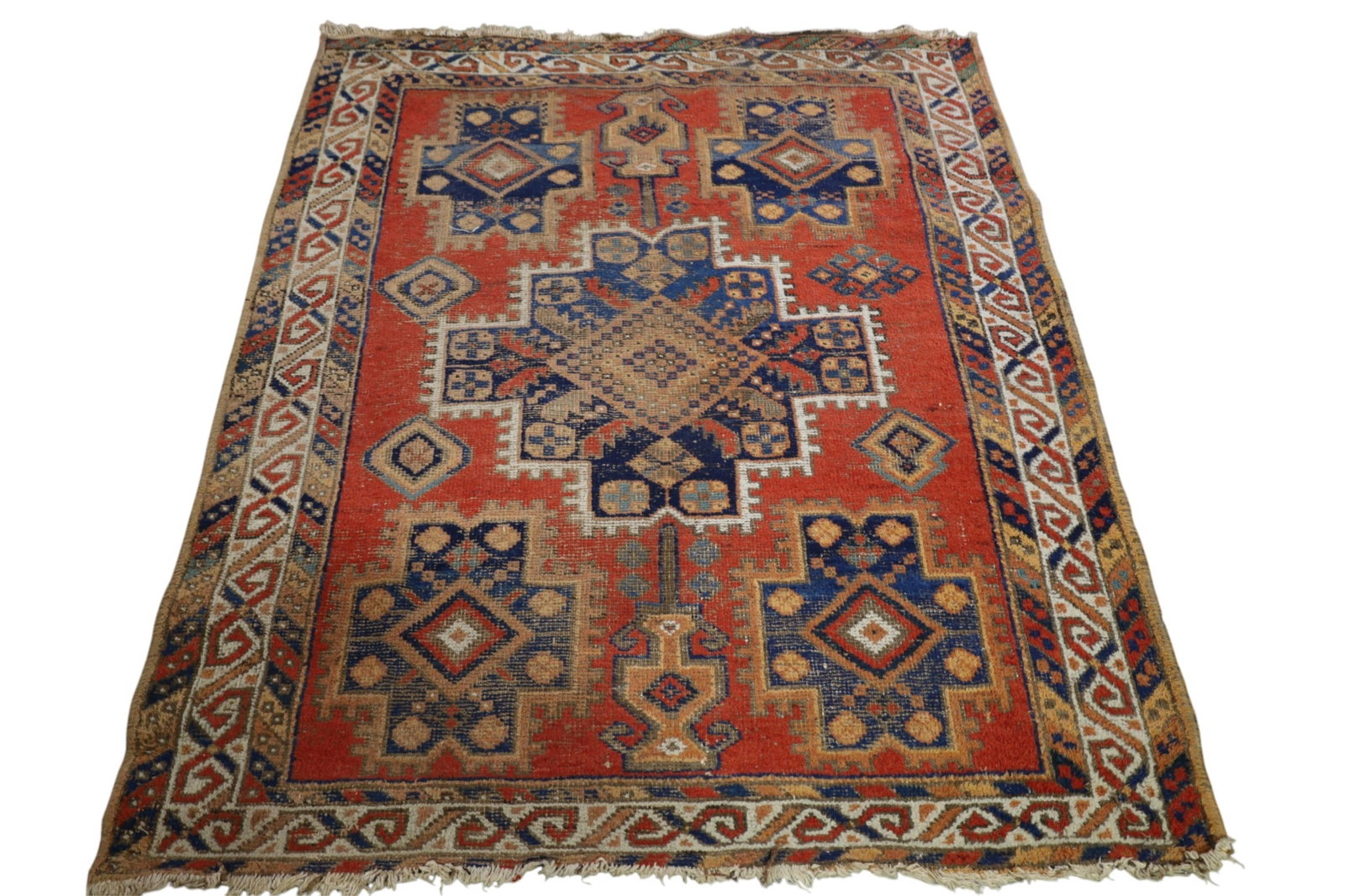 APPROX 5' 10" x 4' 8" HANDMADE WOOL RUG: SOME END LOSS,
