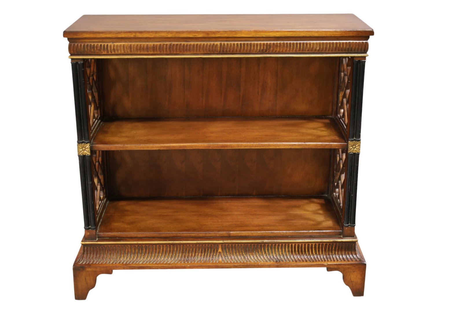 JOHN RICHARD BOOKCASE: MARKED JOHN RICHARD FINE FURNITURE, MINOR WEAR TO FINISH. 33" W x 12" D x 32" H. THIS ITEM EXCEEDS SIZE LIMITATIONS FOR IN HOUSE SHIPPING, MUST BE PICKED UP IN HOUSE OR SHIPPED VIA 3rd PARTY GROUND