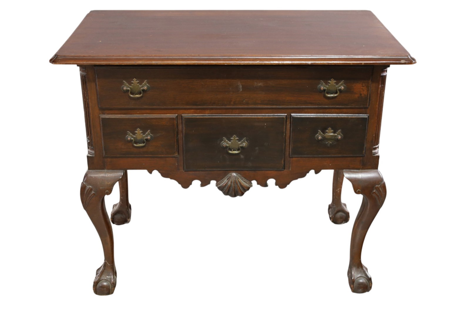 MAHOGANY CHEST: SMALL MAHOGANY CHEST, FOUR DRAWER LOWER. CLAW AND BALL FOOT, WEAR TO FINISH, SCRATCHES. 35" W x 20" D x 29 1/2" H. THIS ITEM EXCEEDS SIZE LIMITATIONS FOR IN HOUSE SHIPPING, MUST BE PICKED UP IN HOUSE