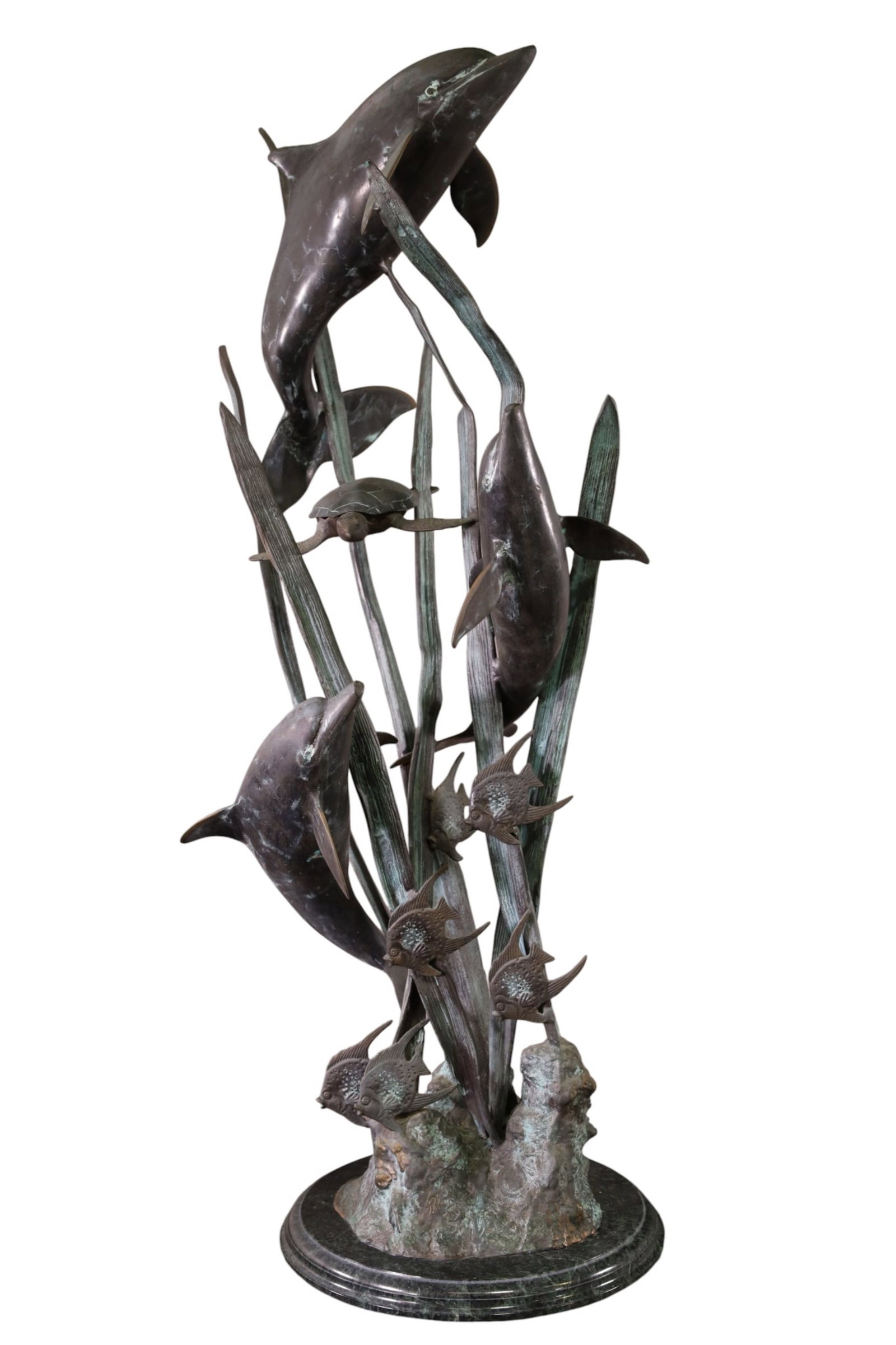 LARGE DOLPHIN BRONZE: LARGE DOLPHIN AND TURTLE BRONZE SCULPTURE, ON MARBLE BASE, MARKED SPI. 16" DIAM x 48" H. THIS ITEM EXCEEDS SIZE LIMITATIONS FOR IN HOUSE SHIPPING, MUST BE PICKED UP IN HOUSE OR SHIPPED VIA 3rd PARTY