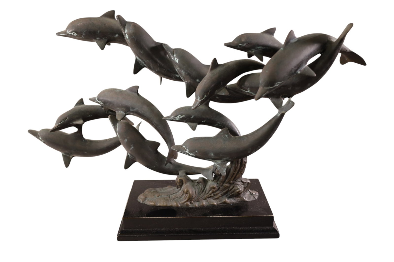 LARGE DOLPHIN BRONZE: LARGE BRONZE DOLPHIN SCULPTURE, ON WOODEN BASE, 25" W x 15" H. THIS ITEM EXCEEDS SIZE LIMITATIONS FOR IN HOUSE SHIPPING, MUST BE PICKED UP IN HOUSE OR SHIPPED VIA 3rd PARTY GROUND SHIPPER.