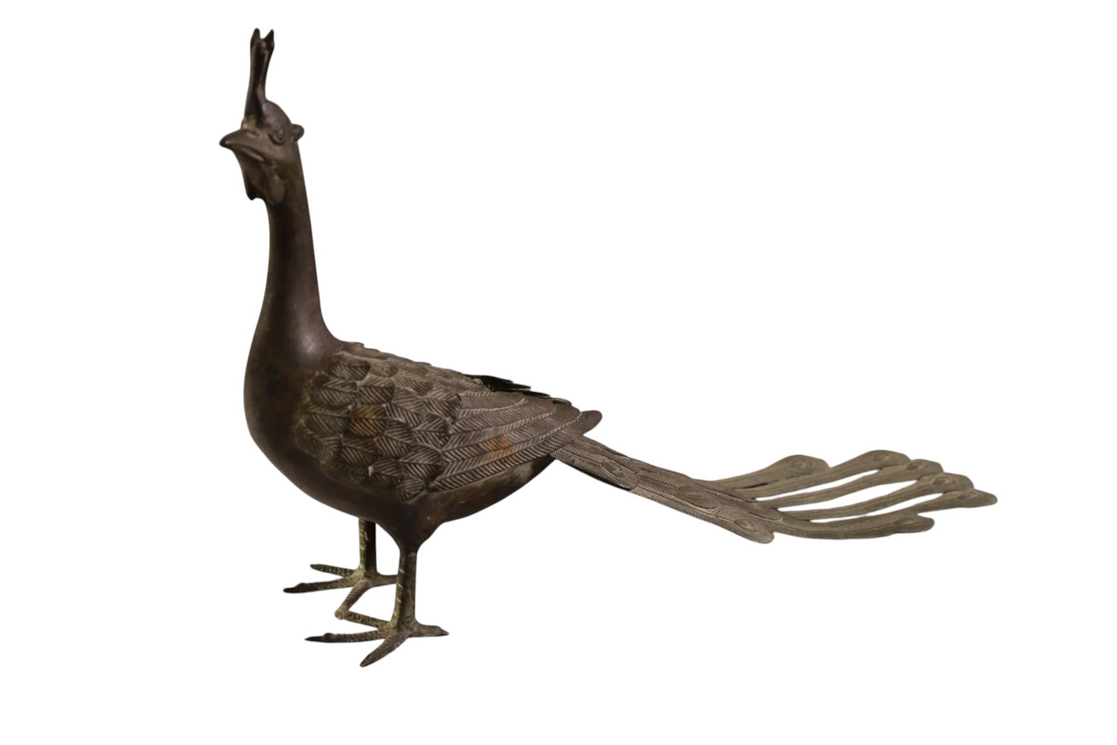JAPANESE PEACOCK: SMALL JAPANESE PEACOCK SCULPTURE, 18" L x 12" H. THIS ITEM EXCEEDS SIZE LIMITATIONS FOR IN HOUSE SHIPPING, MUST BE PICKED UP IN HOUSE OR SHIPPED VIA 3rd PARTY GROUND SHIPPER.