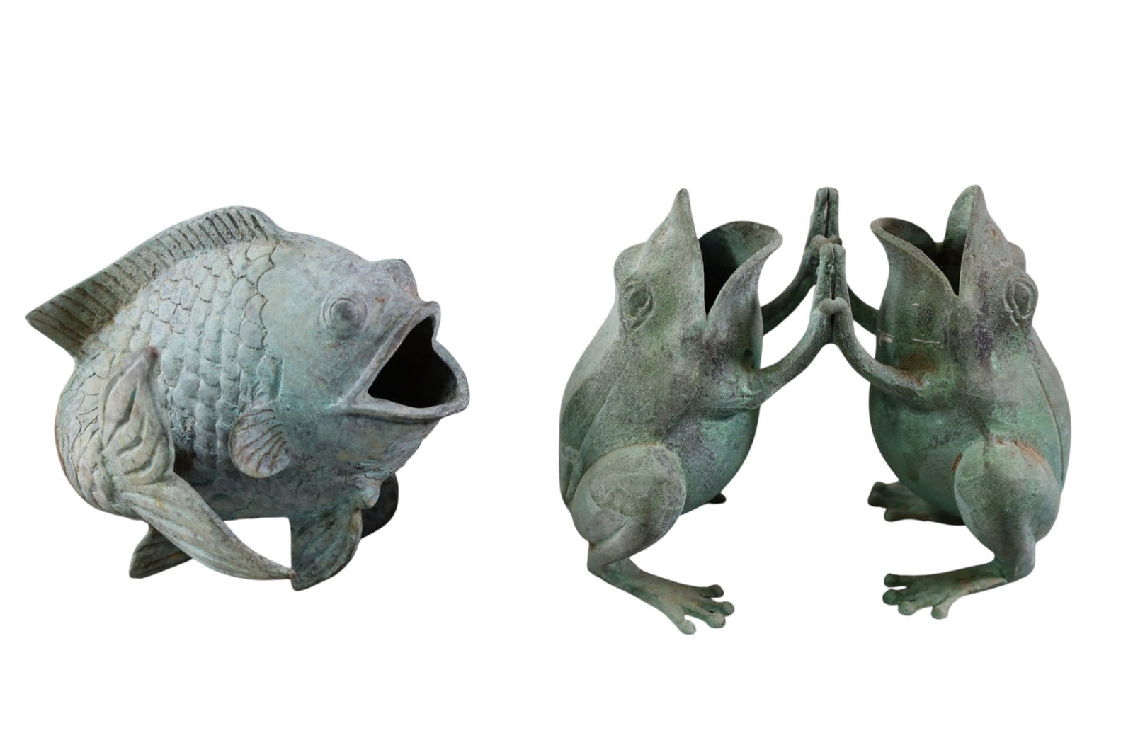 2 SCULPTURES: FROG AND FISH SCULPTURES, CAST METAL. 6" H.