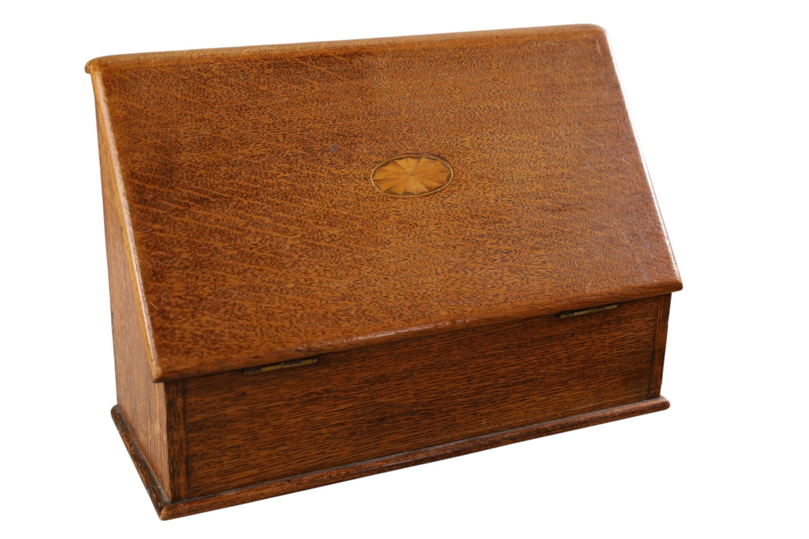 ANTIQUE OAK LETTER BOX: DESK TOP OAK INLAID LETTER BOX, DROP FRONT. 13" W x 9" H.
