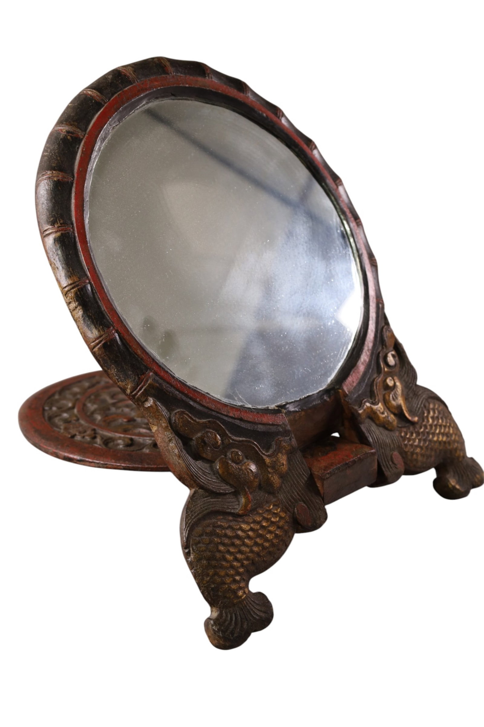 CHINESE VANITY MIRROR: LACQUER, FOLDING CHINESE VANITY MIRROR. 13" W x 18" H.