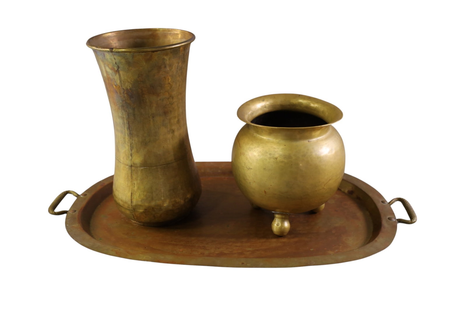 3 PCS OF RUSSIAN COPPER: RUSSIAN COPPER, VASE, TRAY, FOOTED BOWL. 20" W & 6" - 10" H.