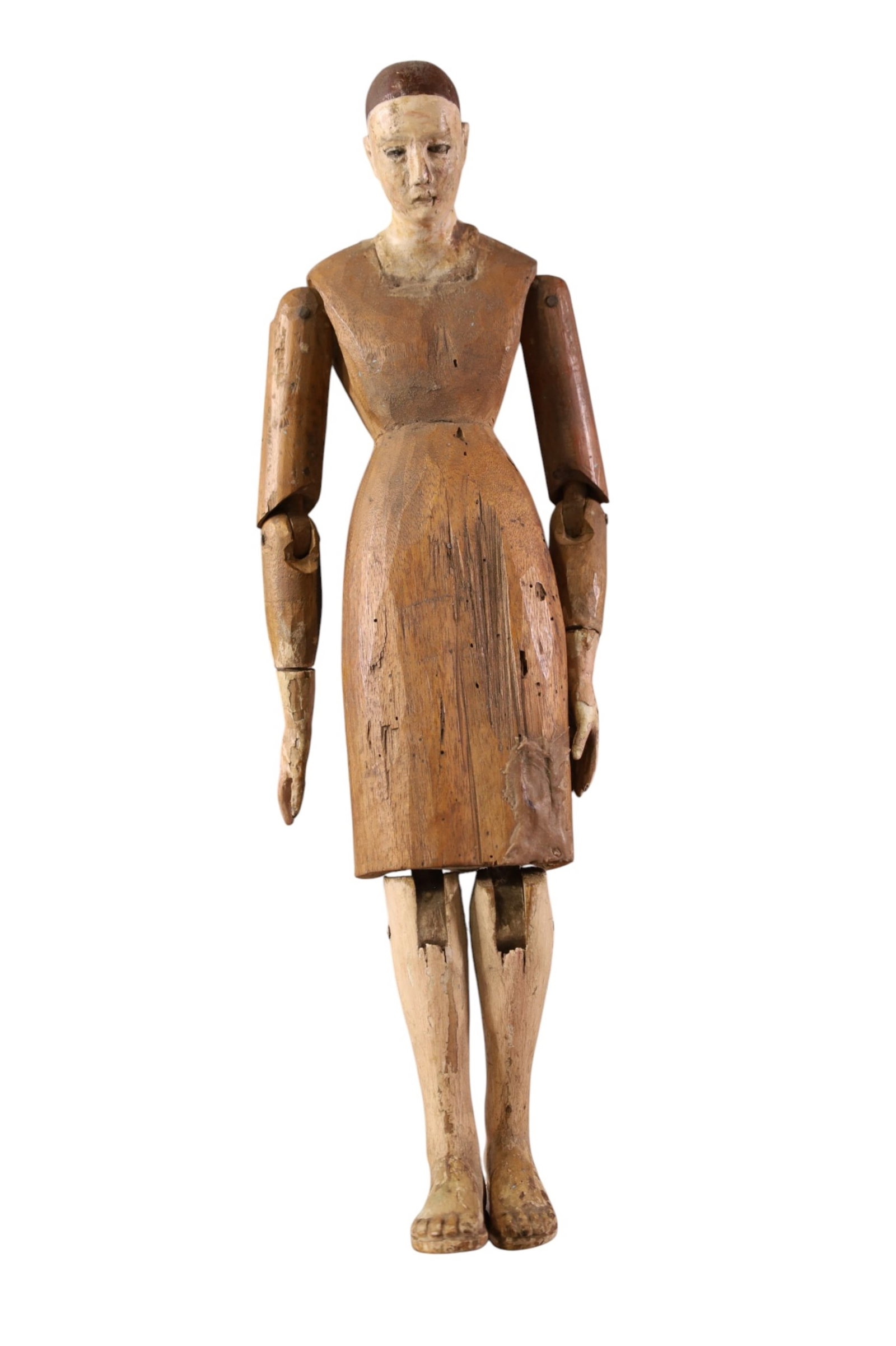 JOINTED WOODEN SANTO DOLL: WOODEN JOINTED DOLL FIGURE. 17" H.
