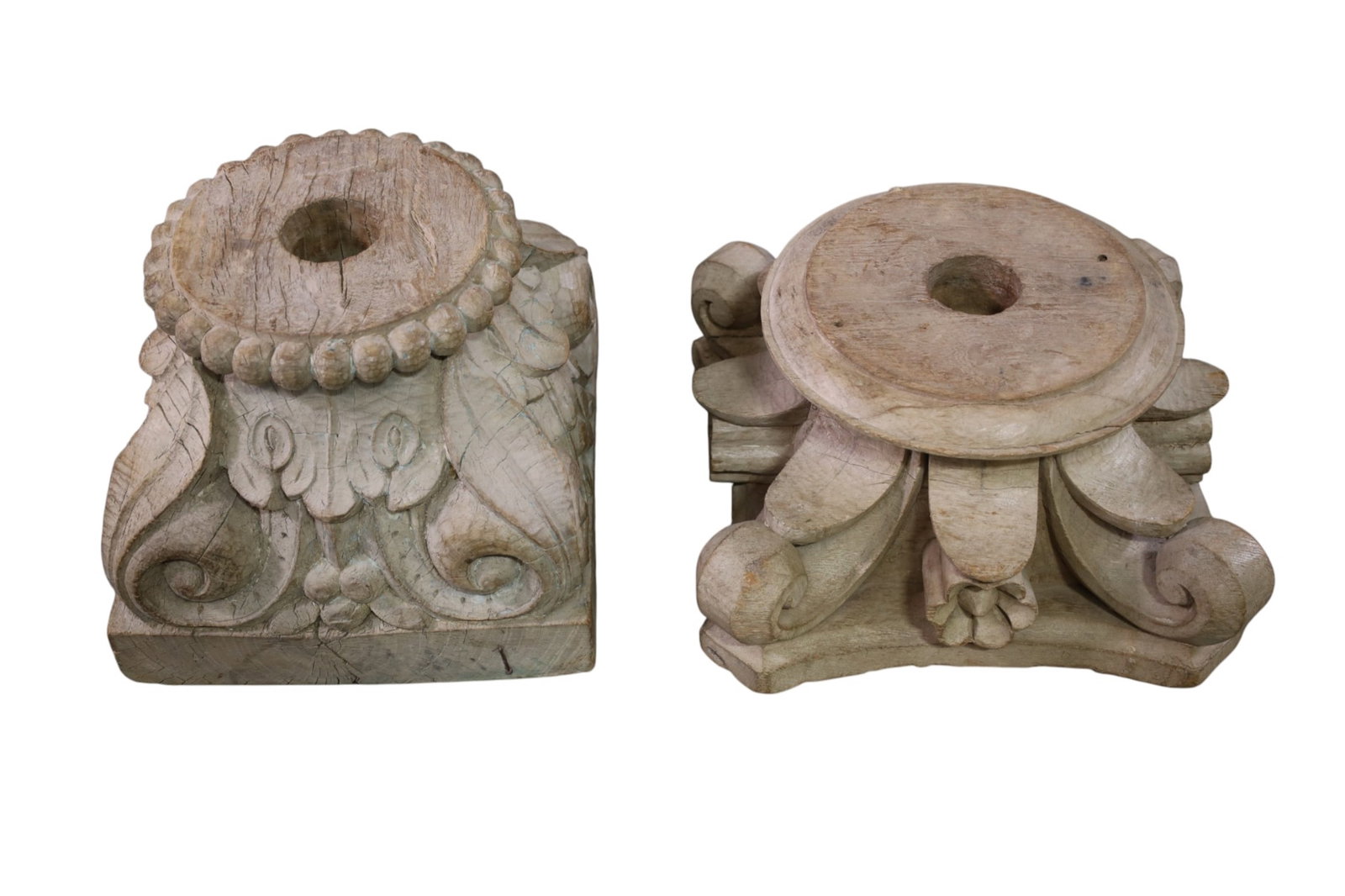 2 ARCHITECTURAL PIECES: WOODEN COLUMN CAPITAL. SOME AGE SPLITS. 12" W x 12" D x 9" H & 11" H. THIS ITEM EXCEEDS SIZE LIMITATIONS FOR IN HOUSE SHIPPING, MUST BE PICKED UP IN HOUSE OR SHIPPED VIA 3rd PARTY GROUND SHIPPER.