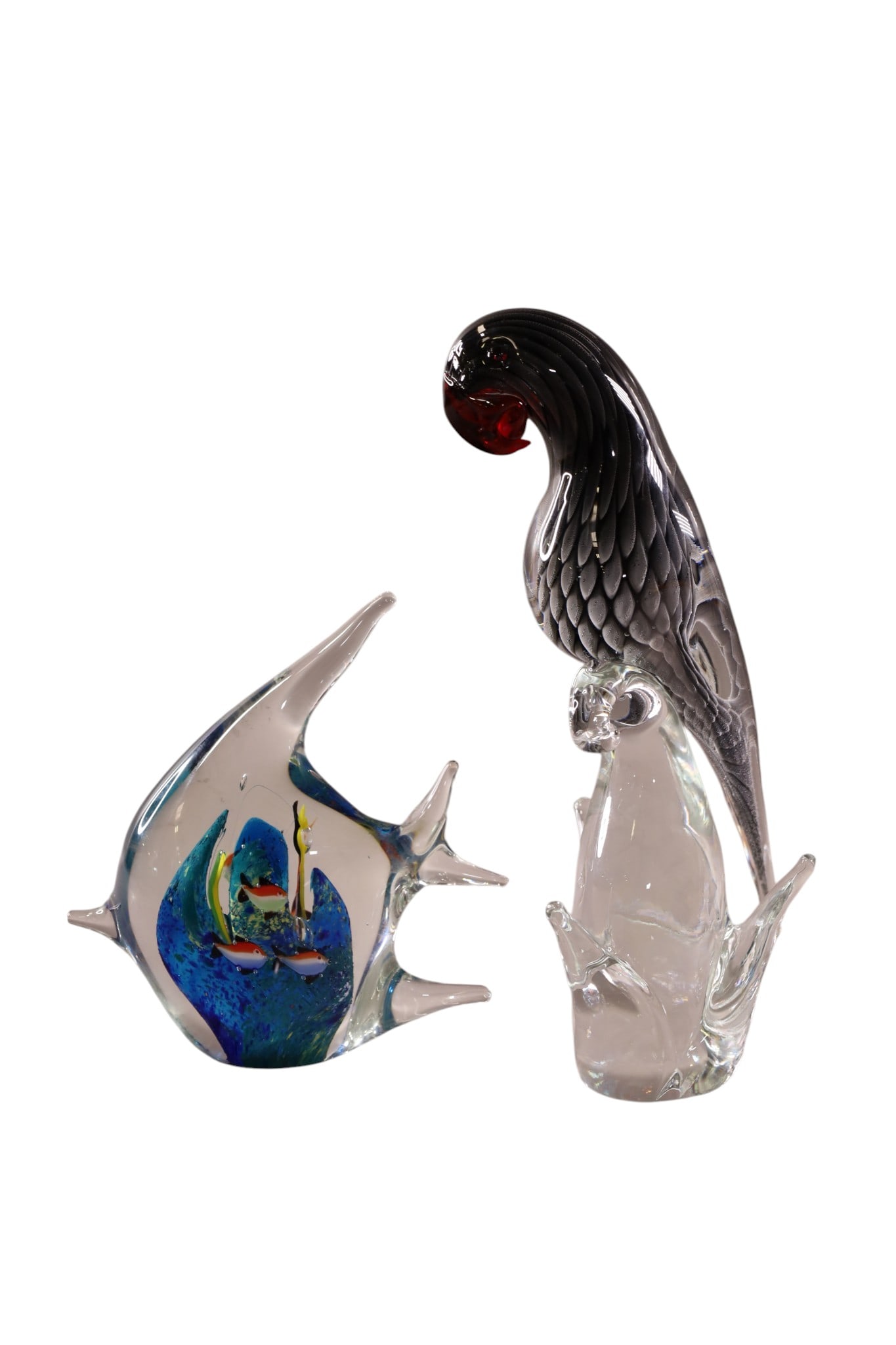 2 PCS OF ART GLASS: MURANO STYLE ART GLASS FIGURES, FISH & BIRD. 7" & 12" H.