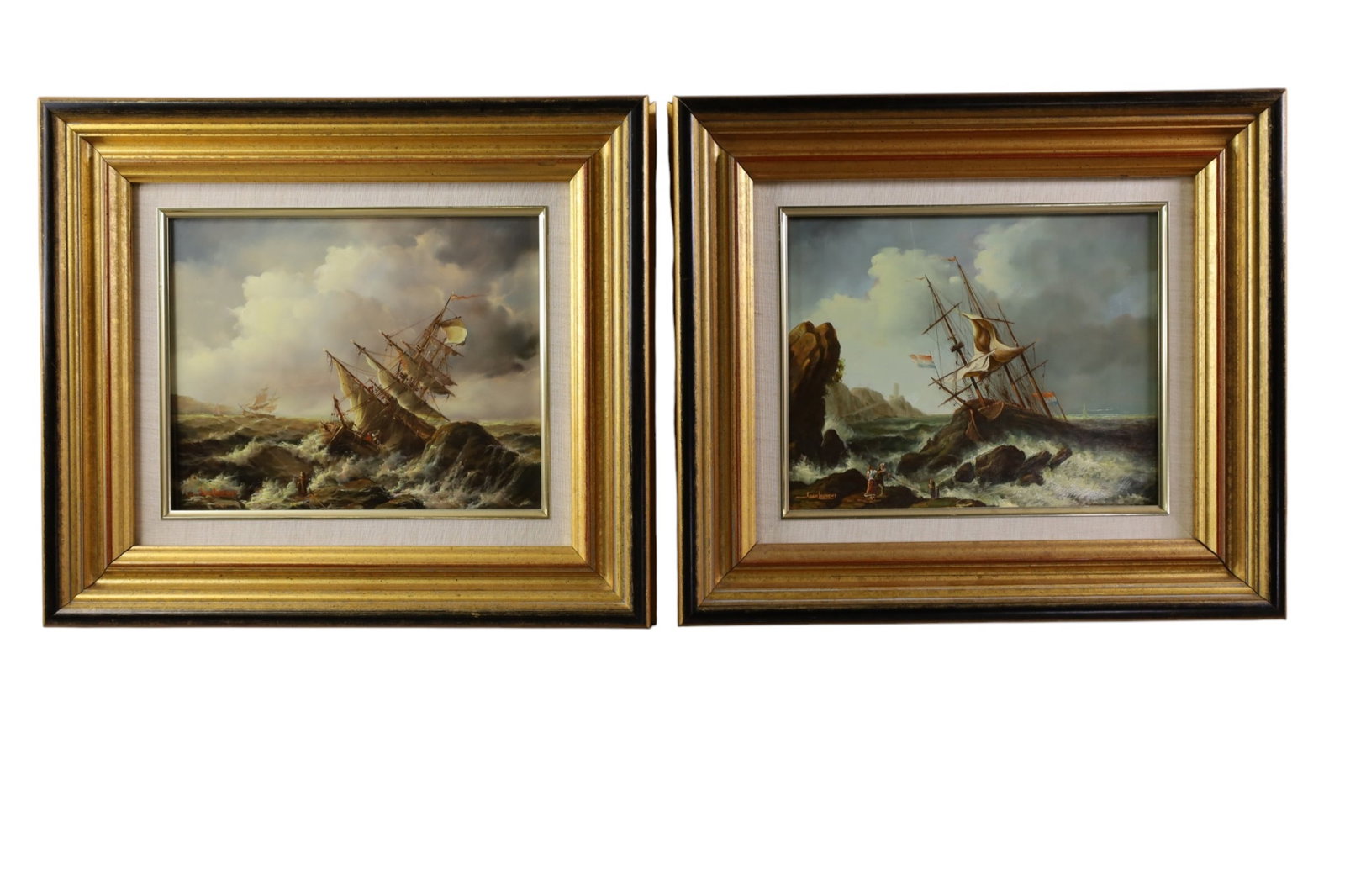 PAIR OF JEAN LAURENT SAILSHIP PAINTINGS: JEAN LAURENT SAILSHIP PAINTINGS, SMALL FRAMED FRENCH OIL PAINTINGS. OIL ON BOARD, SIGNED LOWER LEFT. 12" x 9 1/2" IMAGE SIZE / 18 1/2" x 16" IN FRAME.