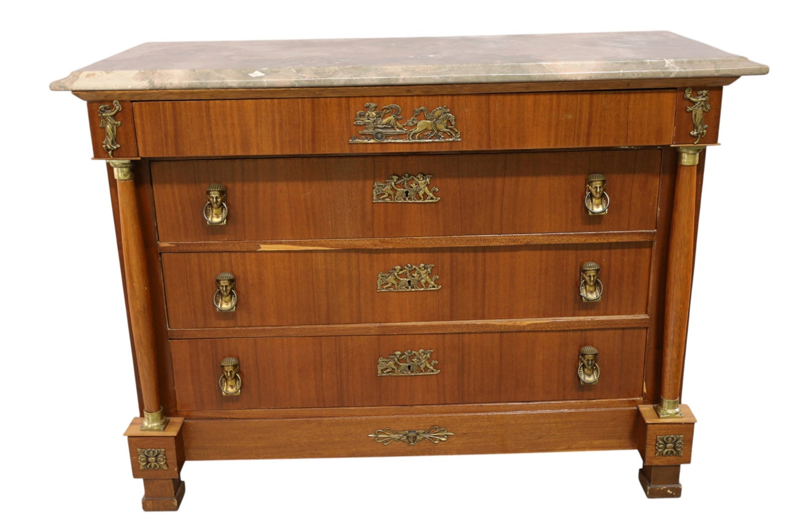 FRENCH EMPIRE CHEST: FRENCH EMPIRE FOUR DRAWER CHEST WITH MARBLE TOP, PILLAR SIDES. SOME VENEER DAMAGE TO FRONT. 48" W x 20 1/2" D x 35" H. THIS ITEM EXCEEDS SIZE LIMITATIONS FOR IN HOUSE SHIPPING, MUST BE SHIPPED VIA