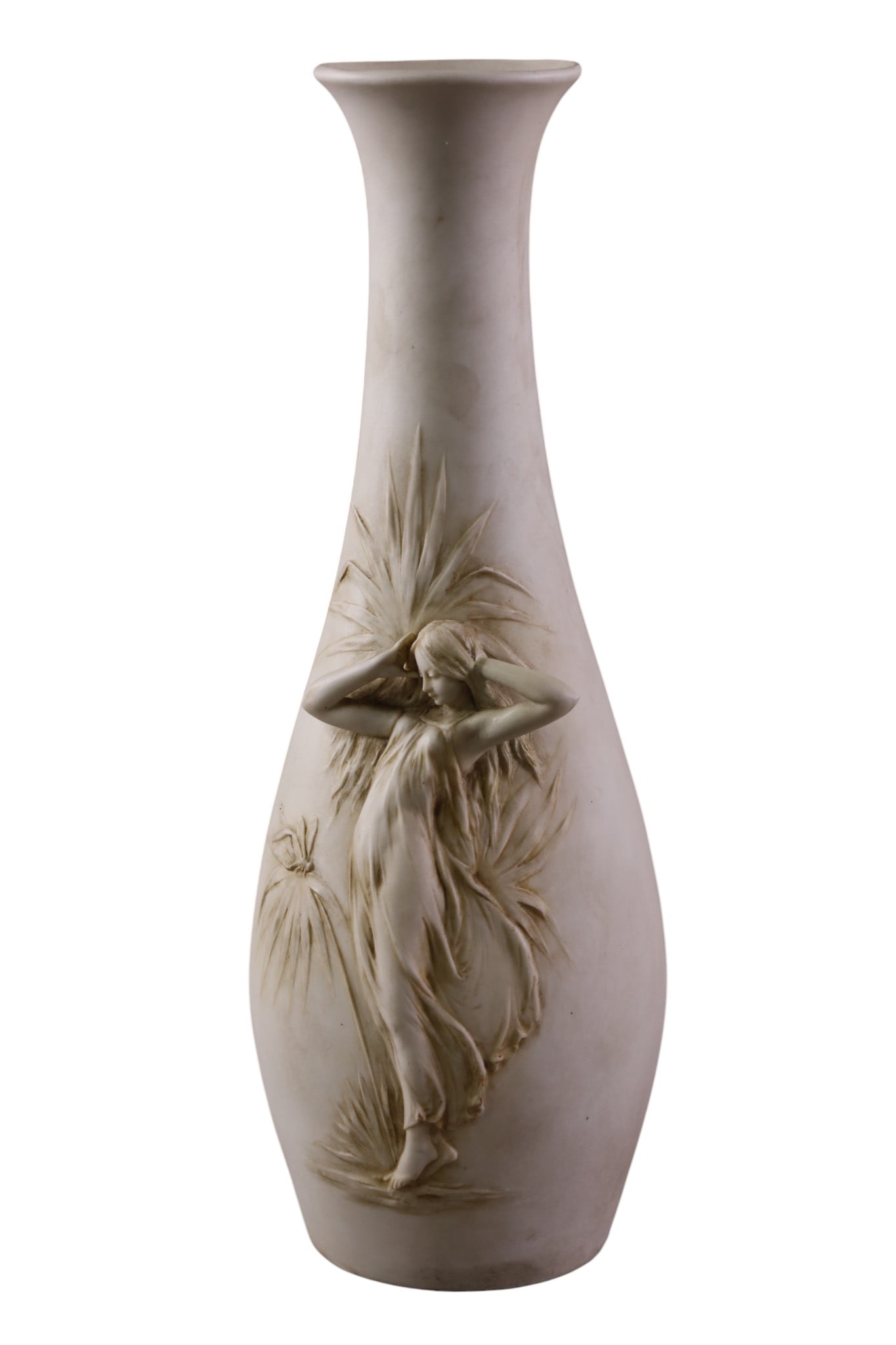 ART NOUVEAU VASE: WHITE GLAZE ART NOUVEAU VASE WITH LADY FIGURE. 14" H.