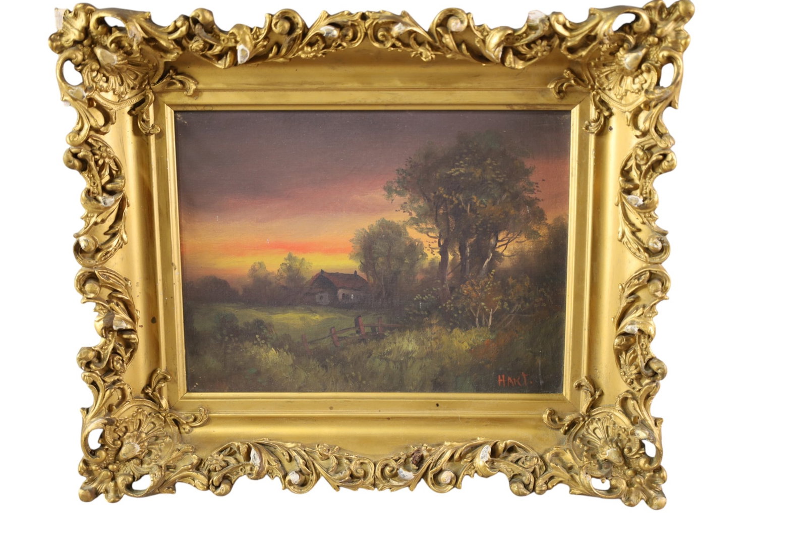 SMALL HOMESTEAD PAINTING: OIL ON CANVAS, SMALL HOMESTEAD PAINTING. SIGNED 12" x 9" IMAGE SIZE / 17" X 14" IN FRAME