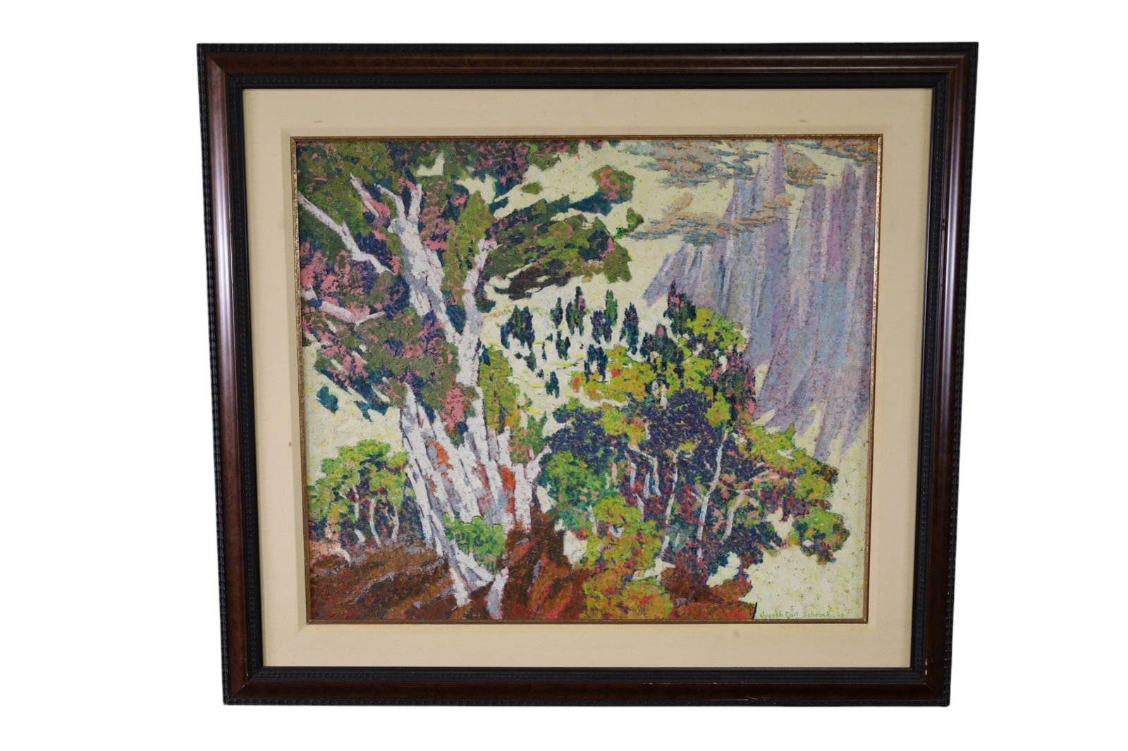 JOSEPH SCHRACK OIL PAINTING: OIL ON CANVAS ON BOARD, SIGNED LOWER RIGHT, DATED 1963. LANDSCAPE PAINTING. 29" x 25" IMAGE SIZE / 39" x 34" IN FRAME THIS ITEM EXCEEDS SIZE LIMITATIONS FOR IN HOUSE SHIPPING, MUST BE SHIPPED VIA 3rd
