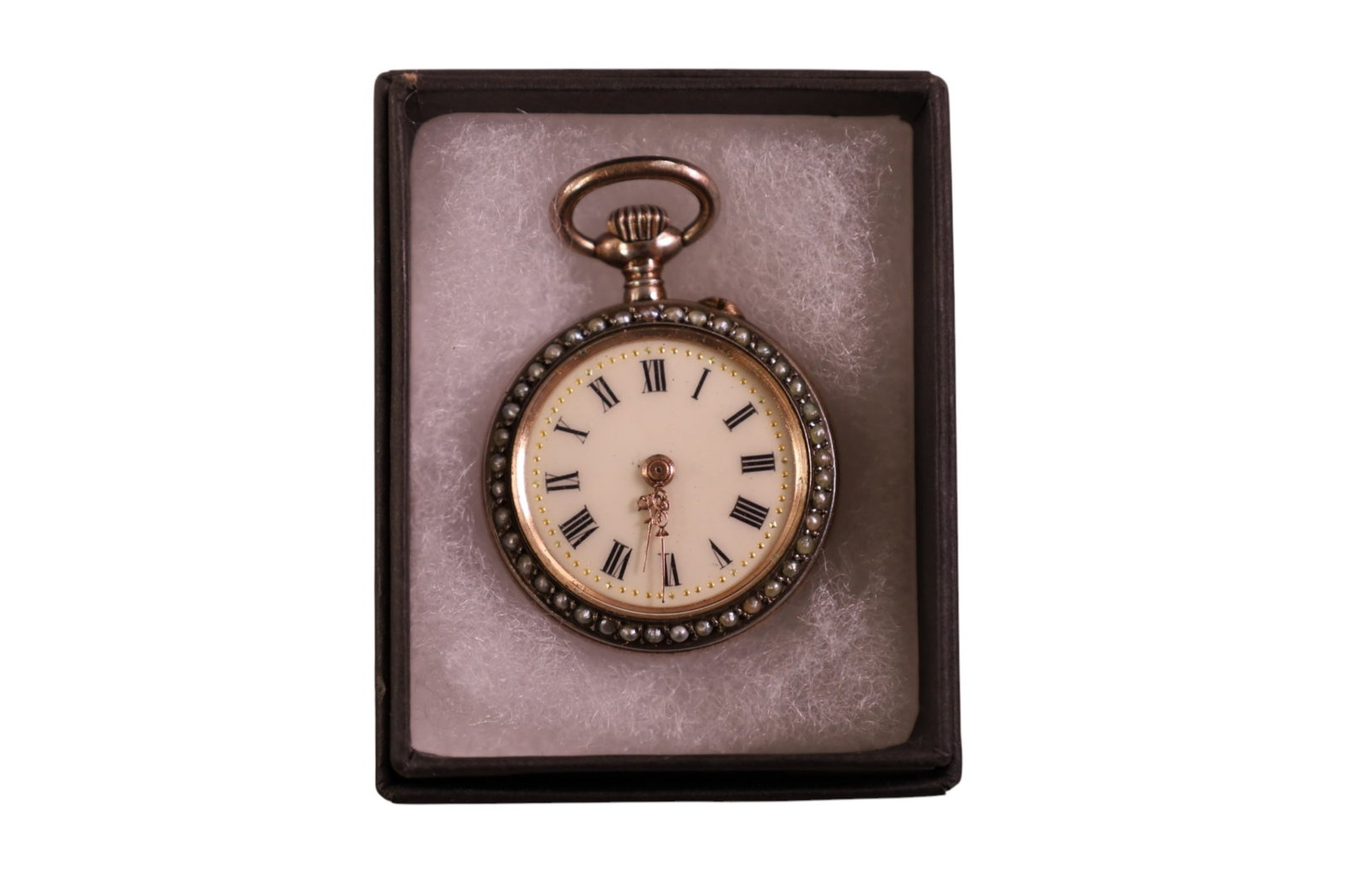 800 SILVER POCKETWATCH: LADY'S 800 SILVER POCKETWATCH WITH SEA PEARLS AND SAPPHIRES.