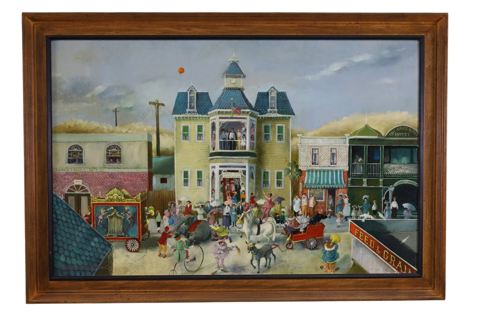 JAN HANSON TRAVIS OIL PAINTING: LARGE OIL ON BOARD, TITLED CIRCUS, SIGNED JAN HANSON TRAVIS. 36 1/2" x 23 1/2" IMAGE SIZE / 42" x 29" IN FRAME THIS ITEM EXCEEDS SIZE LIMITATIONS FOR IN HOUSE SHIPPING, MUST BE SHIPPED VIA 3rd PARTY