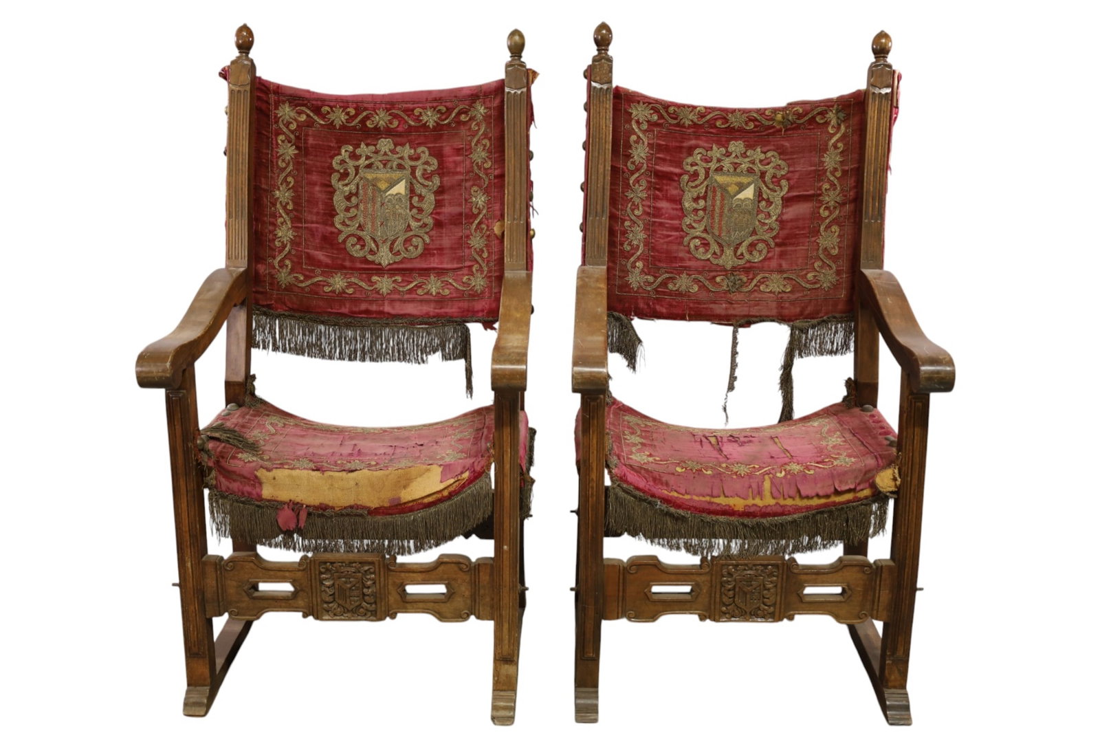 PAIR OF SPANISH REVIVAL ARMCHAIRS: ORIGINAL UPHOLSTERY, SPANISH REVIVAL ARMCHAIRS. AS FOUND CONDITION. 25 1/2" W x 22" D x 50" H. THIS ITEM EXCEEDS SIZE LIMITATIONS FOR IN HOUSE SHIPPING, MUST BE SHIPPED VIA 3rd PARTY GROUND SHIPPER