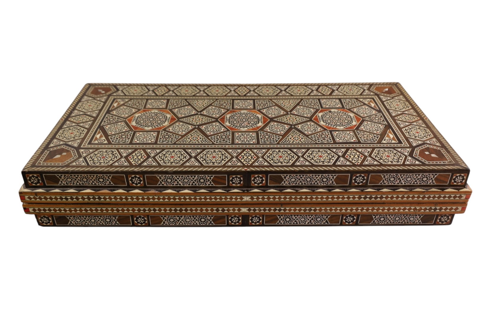 SYRIAN INLAID GAME SET: INLAID SYRIAN GAME SET, BONE AND MOTHER OF PEARL INLAY. 24" x 12" CLOSED.